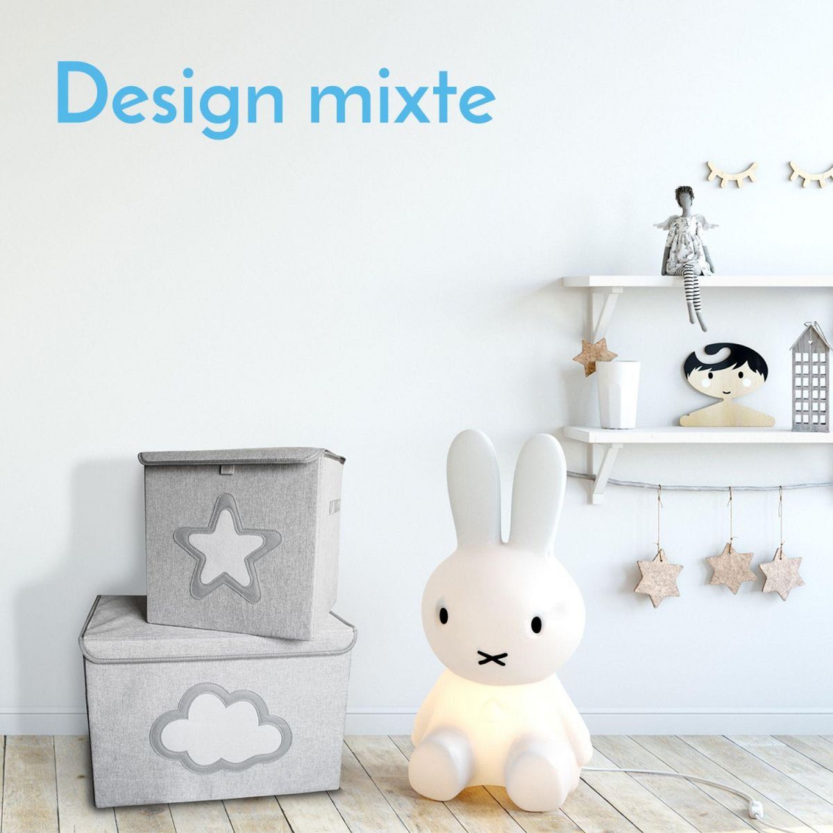 Monsieur Bébé Lot de 2 boites de rangement, coffre à jouets pour enfant avec couvercle - 33 x 33 x 33 cm - Gris Étoile