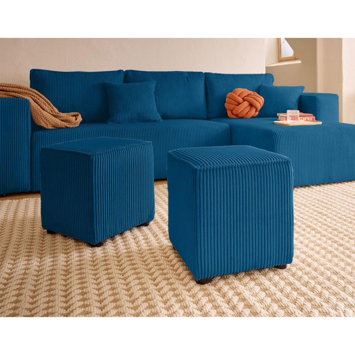 BEST MOBILIER Topaze - canapé d'angle réversible 4 places - convertible avec coffre, tablette et poufs - en velours côtelé