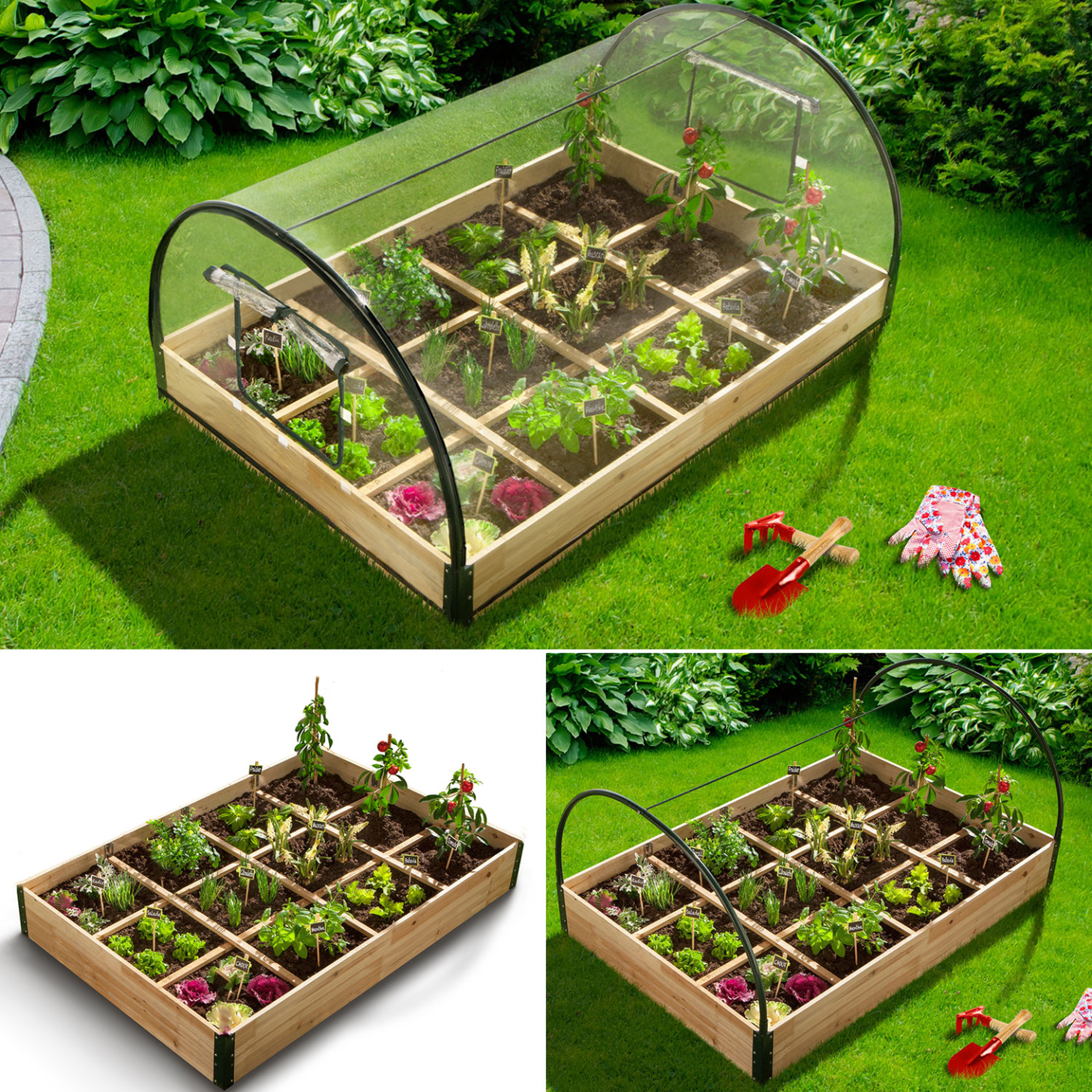 Voir la diapositive 4 : ID MARKET Lot de 2 carrés potager 1,15x0.80 m 12 compartiments + housses
