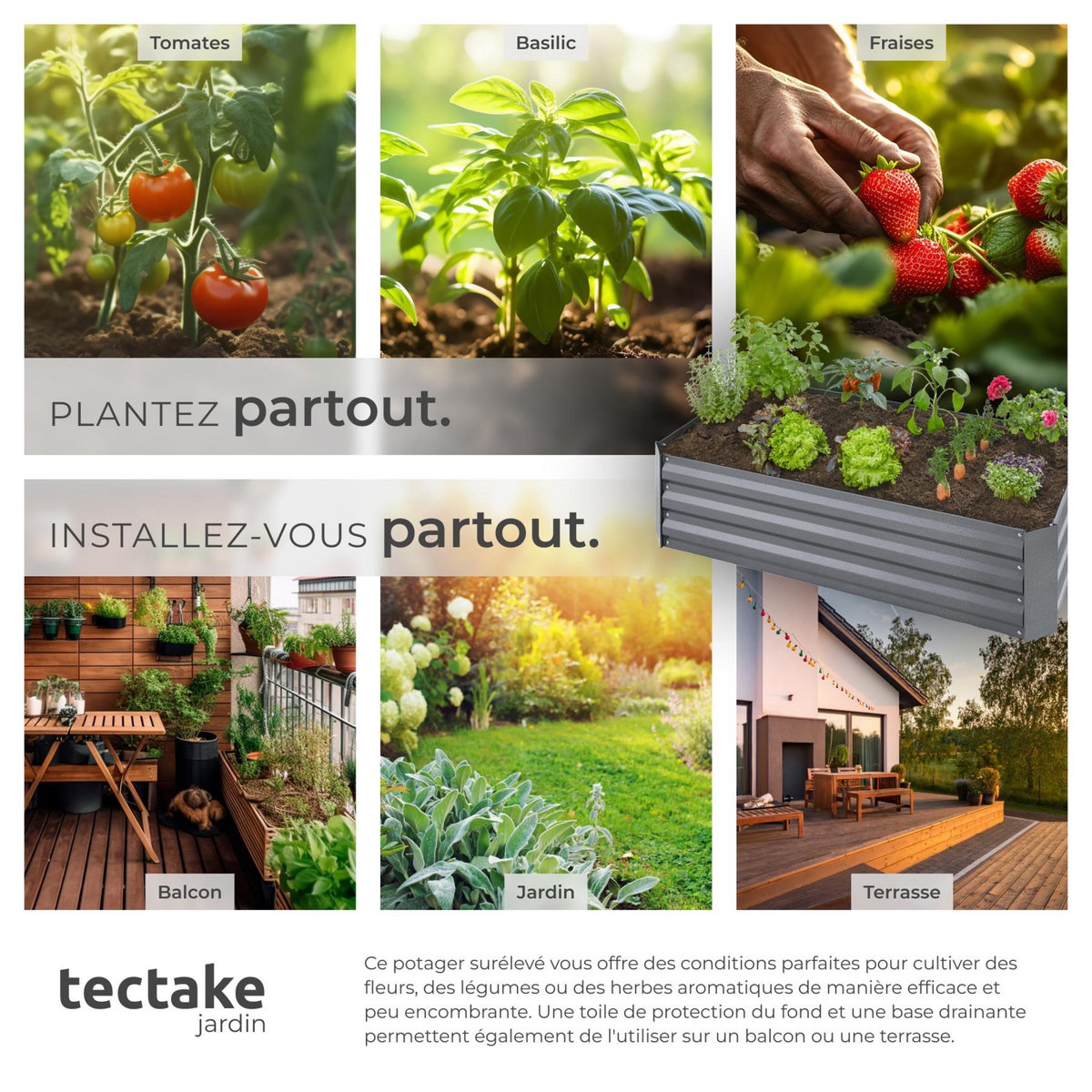 tectake Carré potager 200 L en acier galvanisé gris