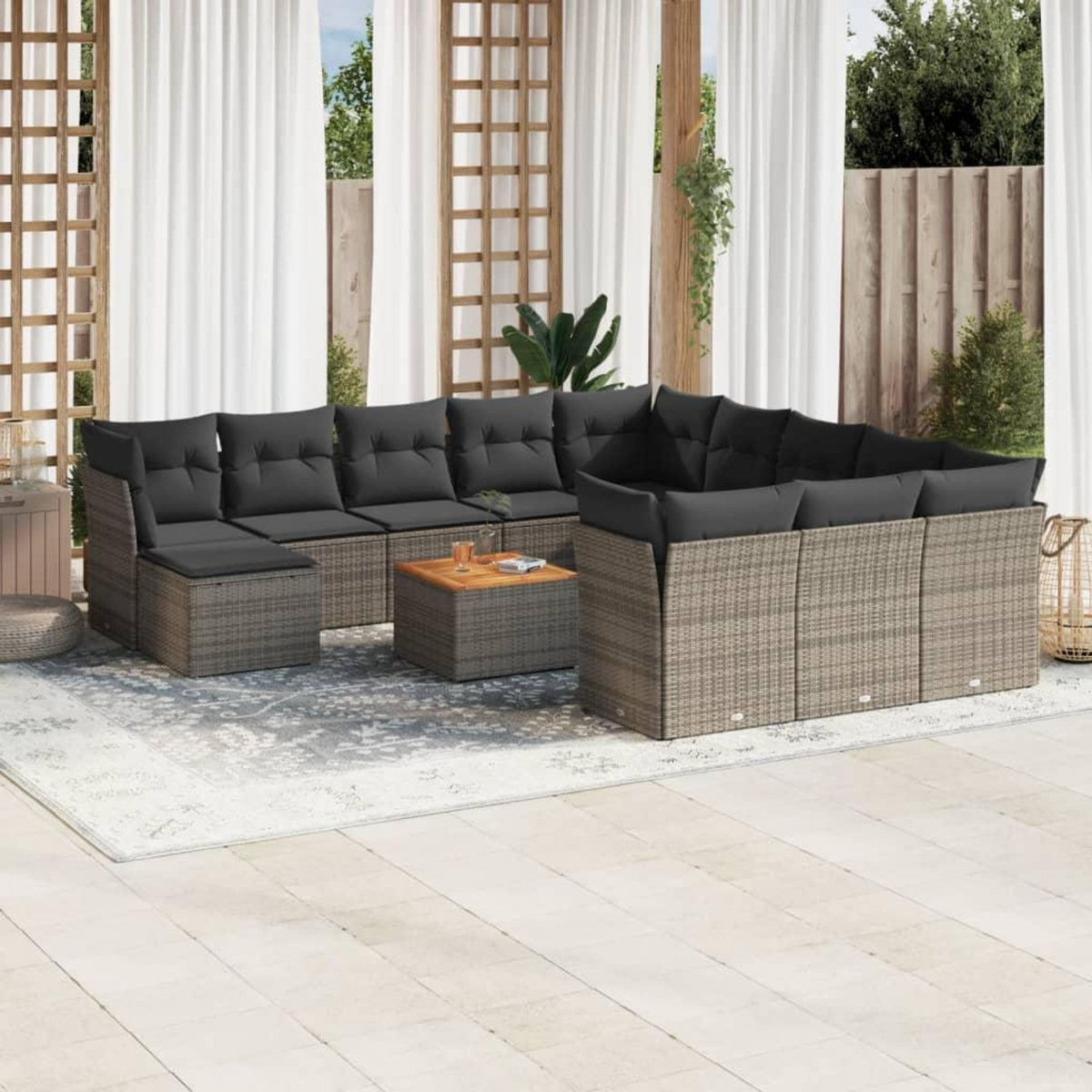 VIDAXL Salon de jardin avec coussins 13 pcs gris resine tressee