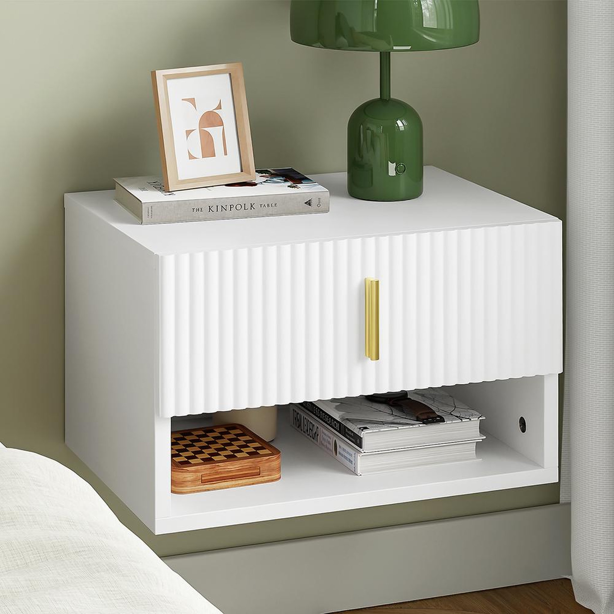 Voir la diapositive 2 : SOBUY Chevet mural blanc avec tiroir et étagère LED 40x30x26cm FBT176-E-W