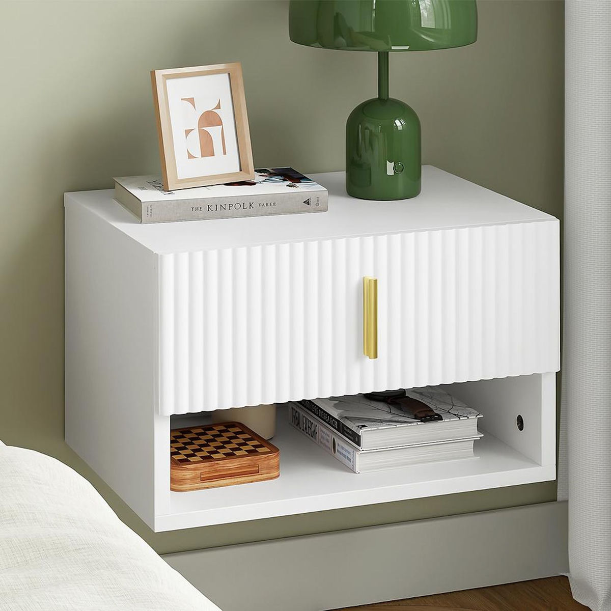 SOBUY Chevet mural blanc avec tiroir et étagère LED 40x30x26cm FBT176-E-W