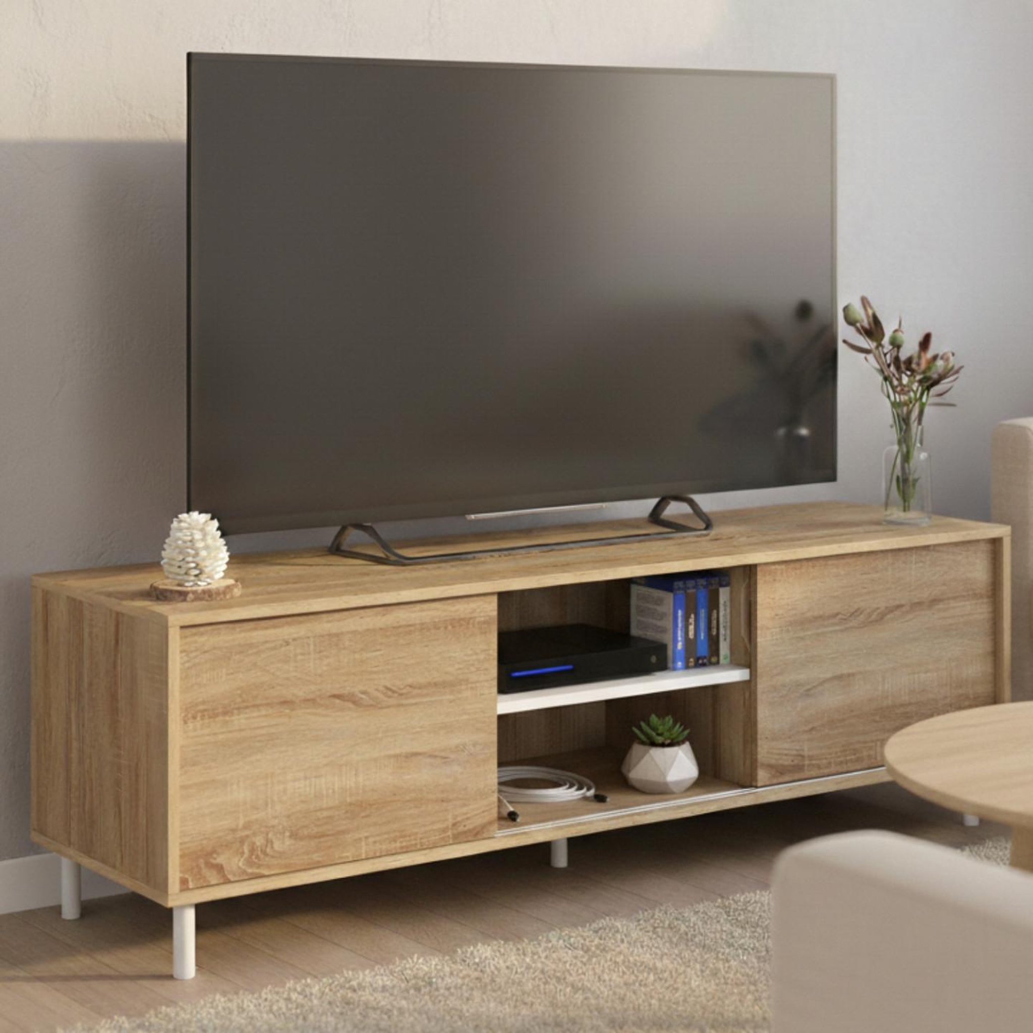 Voir la diapositive 5 : ID MARKET Meuble tv 140 cm easy montage sans outils 2 portes coulissantes réversibles effet bois et blanc