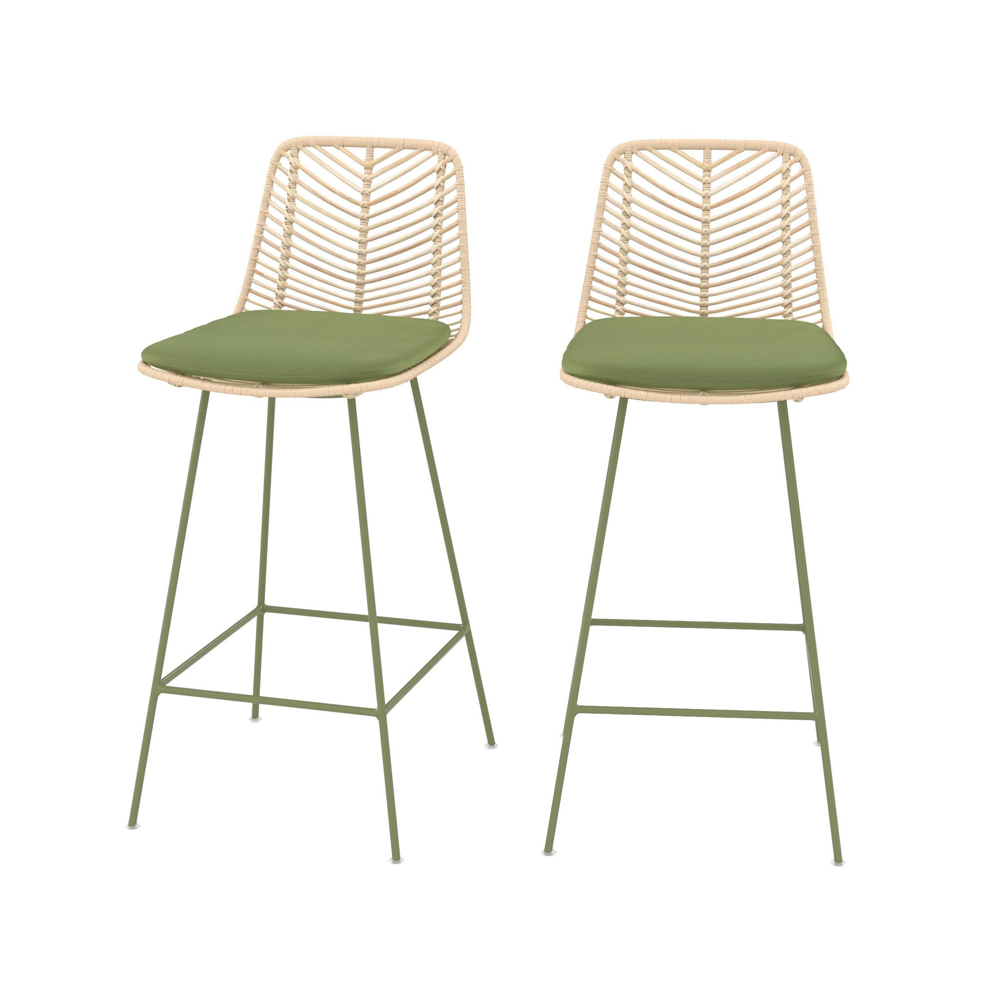 MAISON PAVANE Lot de 2 chaises pour îlot central 66 cm en rotin et tissu vert-tamara