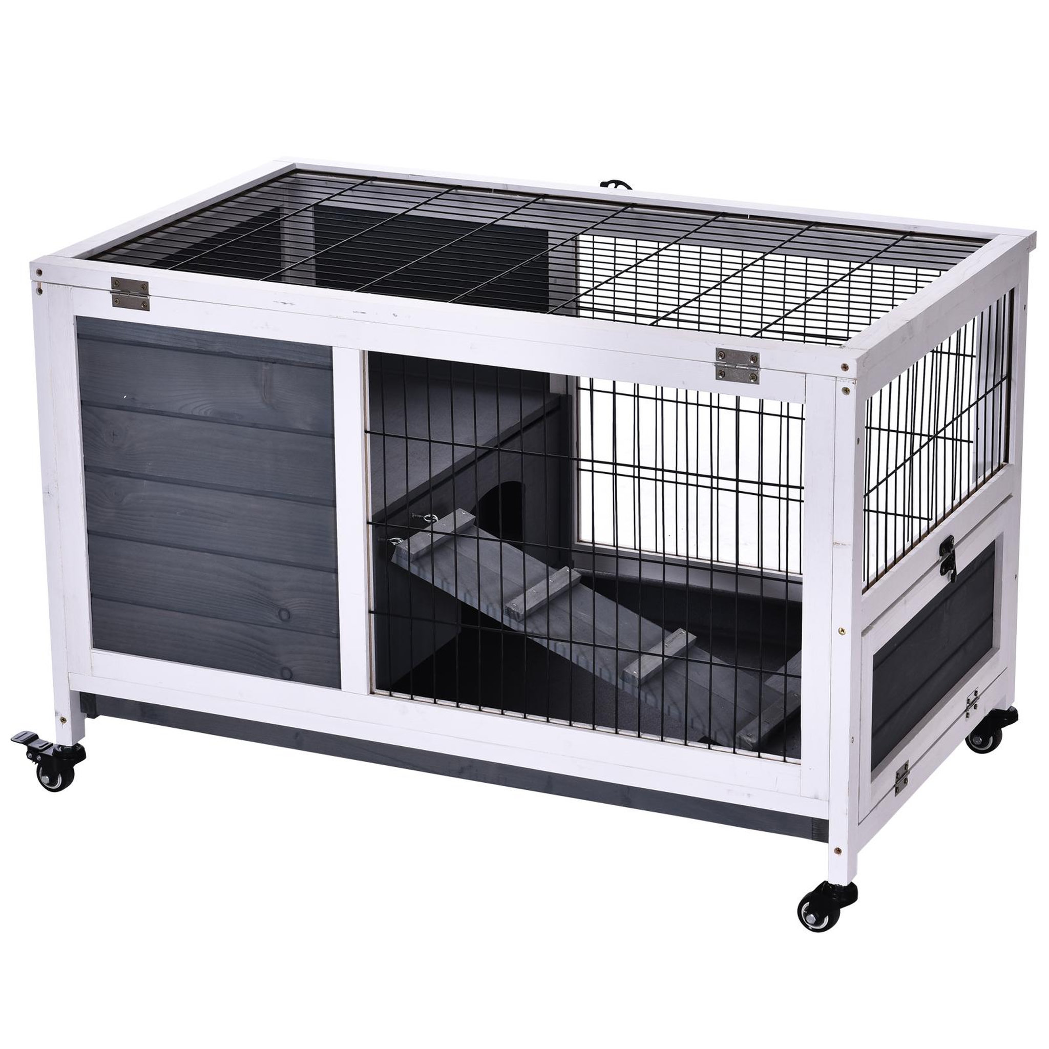 Voir la diapositive 4 : PAWHUT Clapier à lapin sur roulettes cage à lapin 2 étages porte verrouillable toit ouvrant plateau coulissant rampe bois de sapin gris blanc