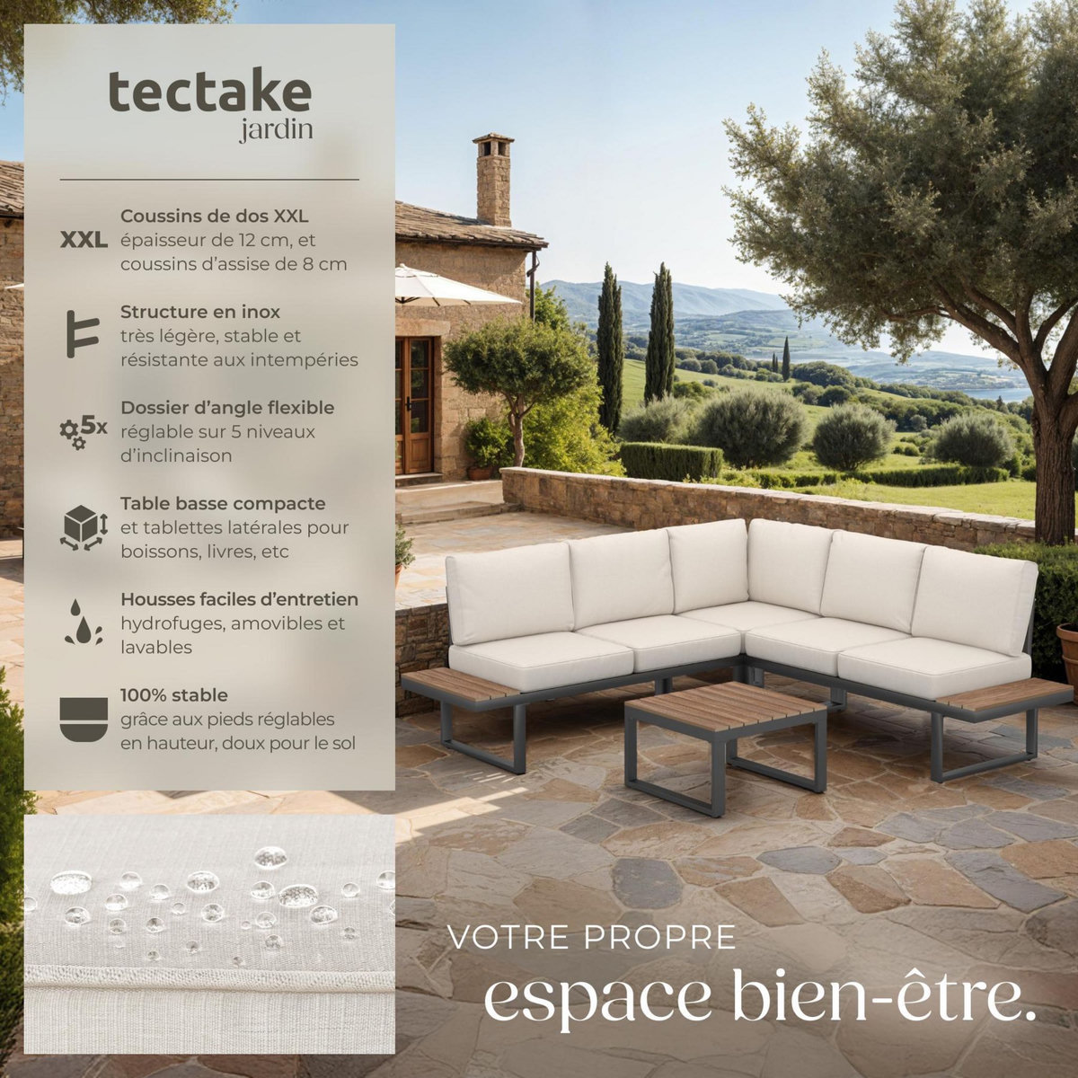 tectake Ensemble de salon de jardin avec cadre en aluminium laqué époxy noir