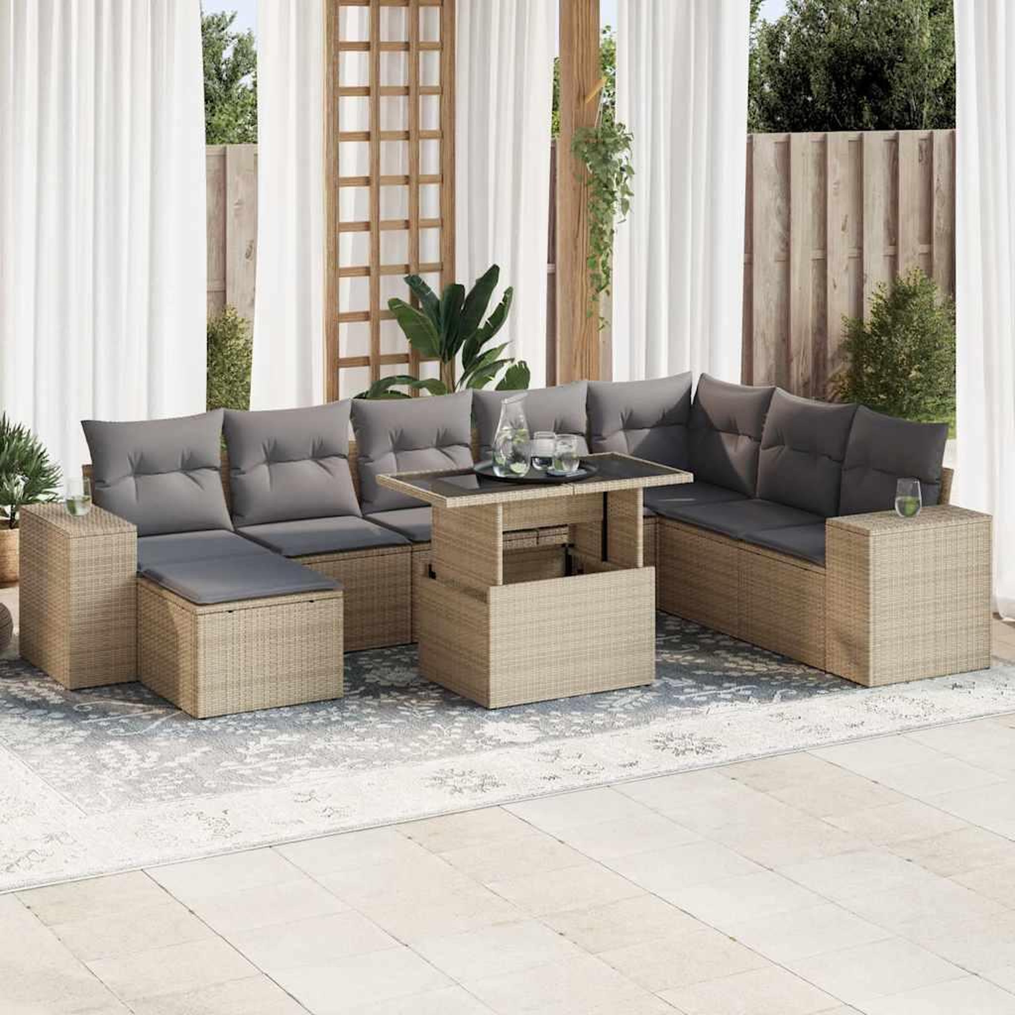 VIDAXL Salon de jardin avec coussins 9 pcs beige resine tressee