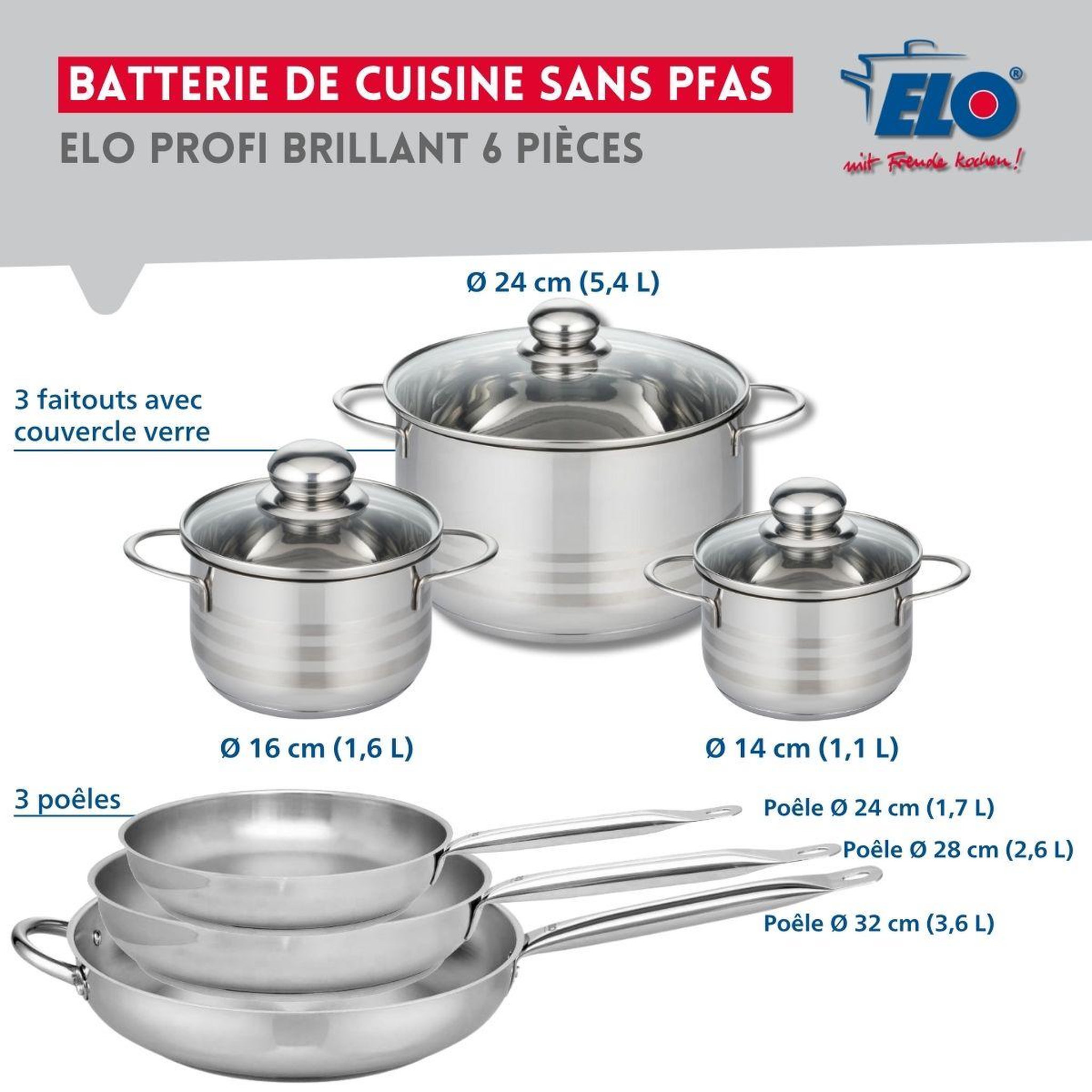 Voir la diapositive 2 : ELO Ensemble de 3 poêles de cuisson 24, 28 et 32 cm et 3 faitouts 14, 16 et 24 cm elo profi brillant