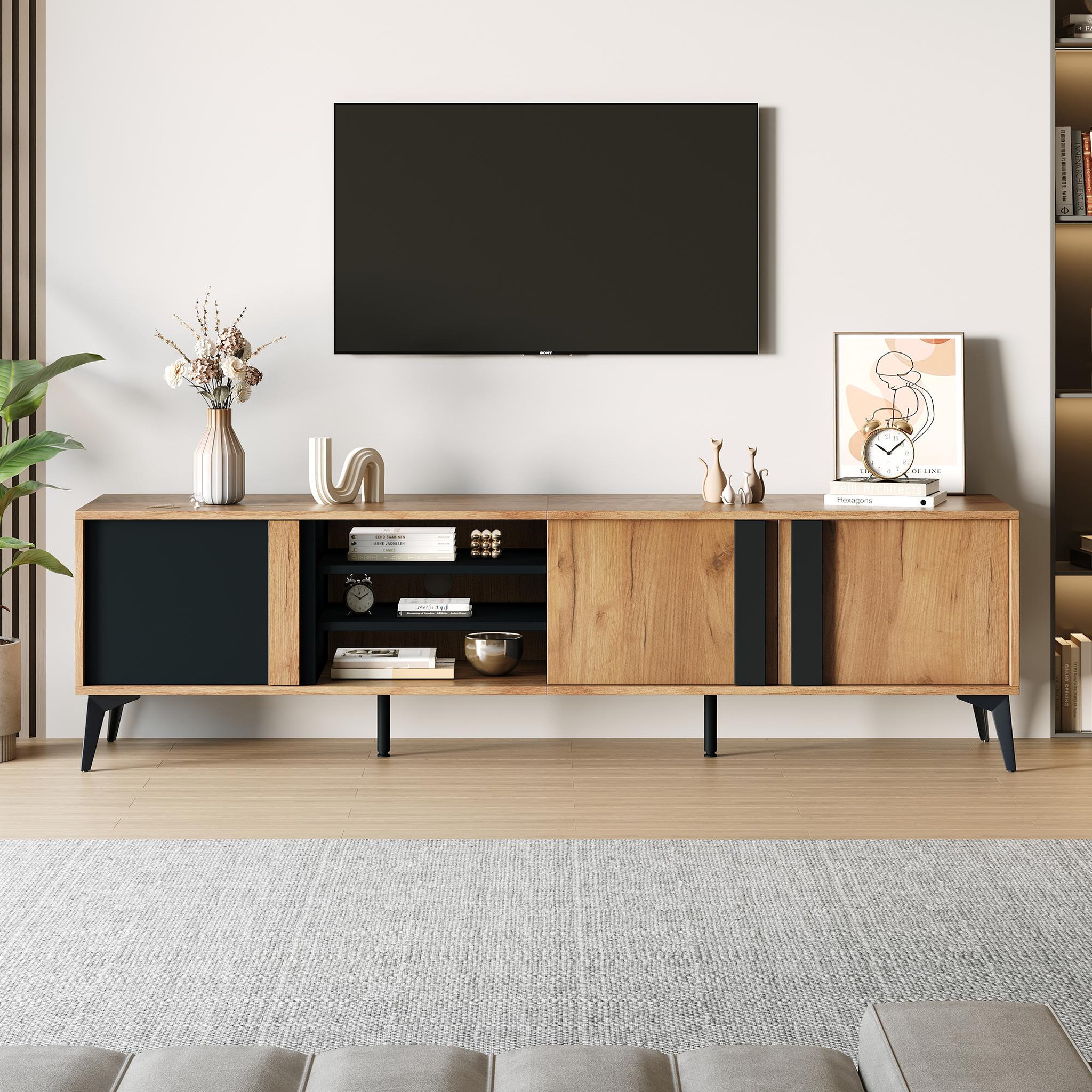 Voir la diapositive 2 : MERAX Meuble tv naturel+noir 180 cm panneau de particules