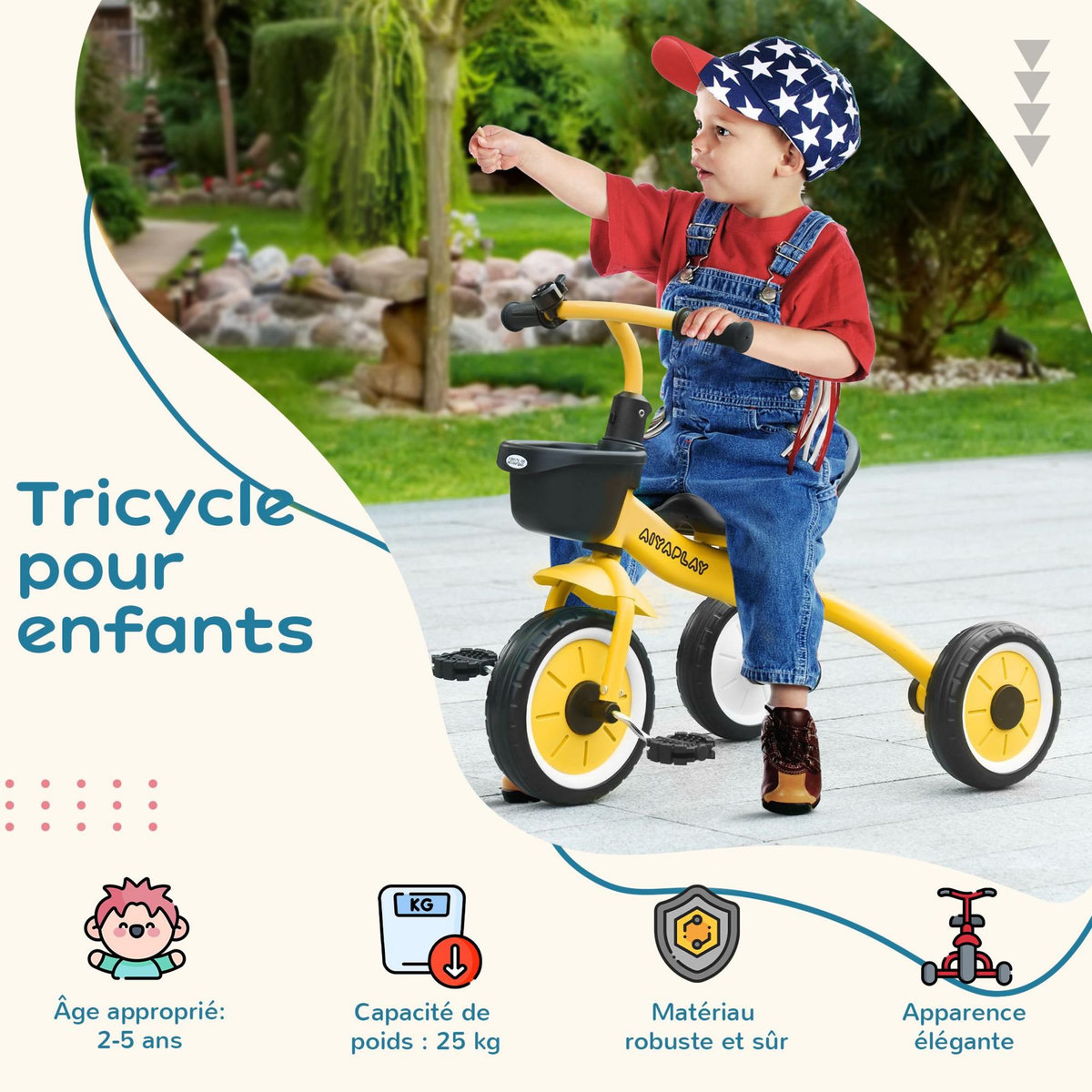 HOMCOM Tricycle enfant multi-équipé garde-boue sonnette panier pédales antidérapantes siège réglable avec dossier métal jaune
