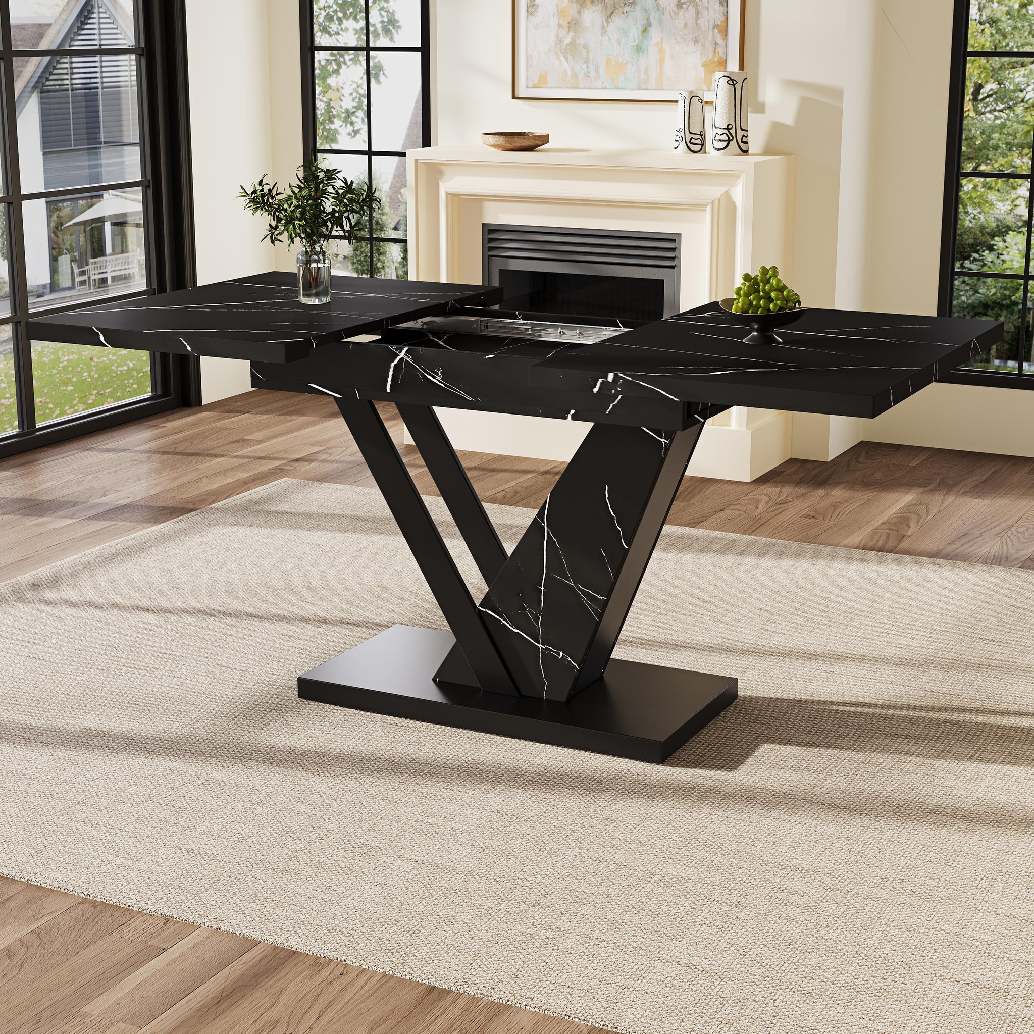 Voir la diapositive 2 : MERAX Table à manger rectangulaire avec allonge noir - 75x120-160max.cm mdf et métal