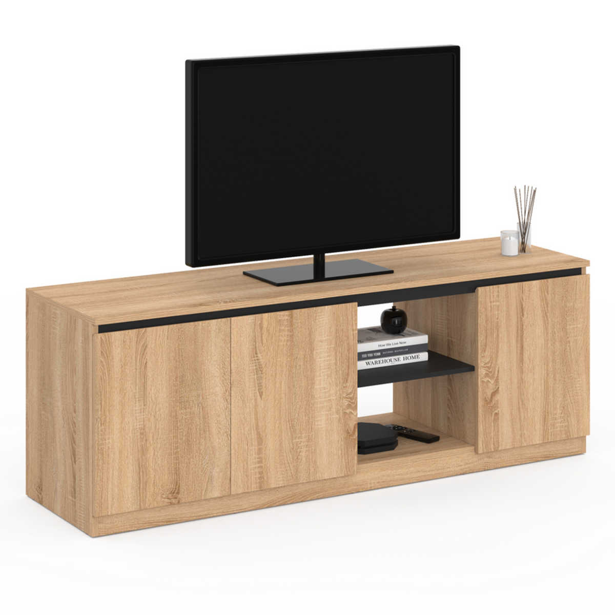 ID MARKET Meuble TV TOMI 3 portes bois façon hêtre et noir 140 cm