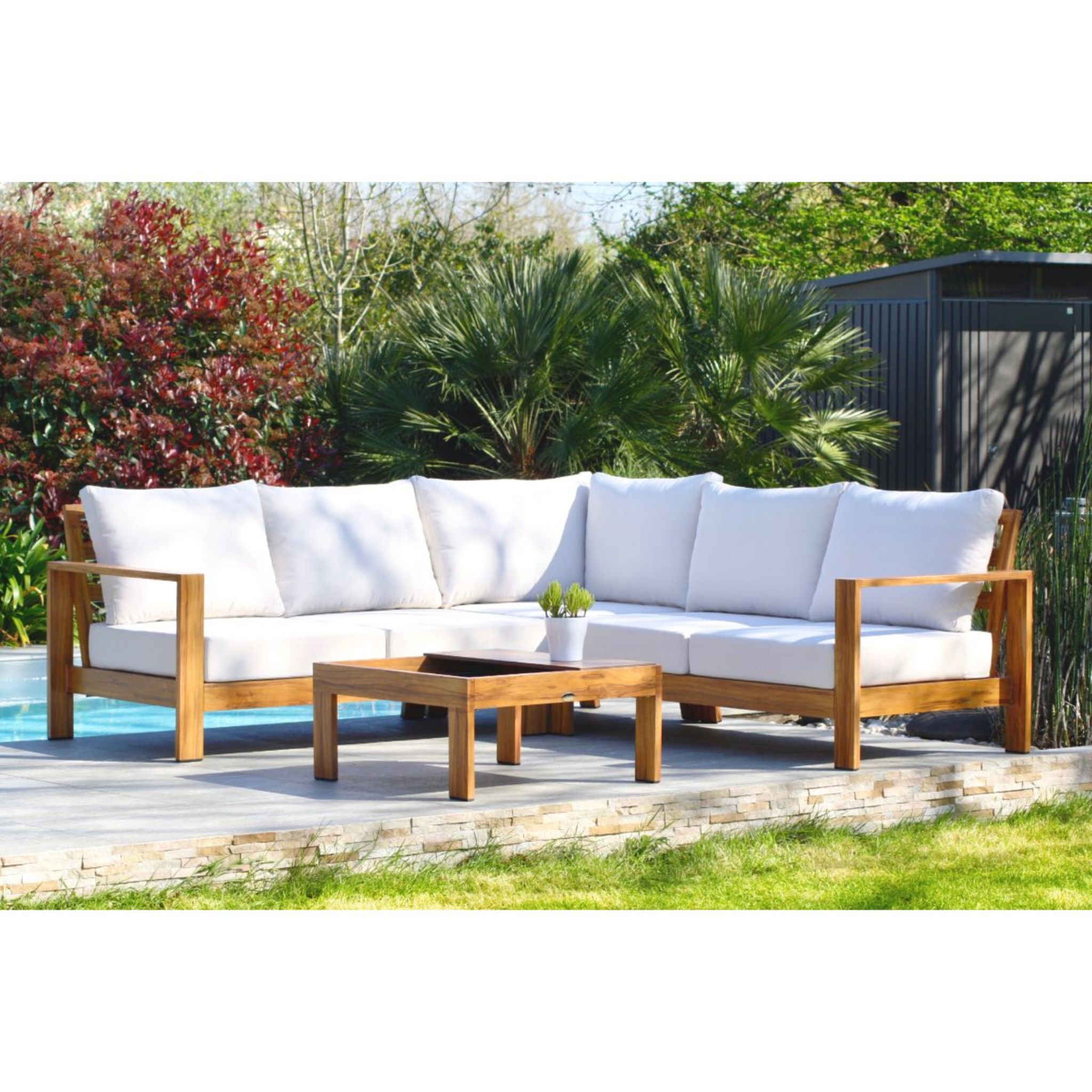 DCB GARDEN Salon bas de jardin - 5 places - Aluminium avec effet bois - MAJORQUE