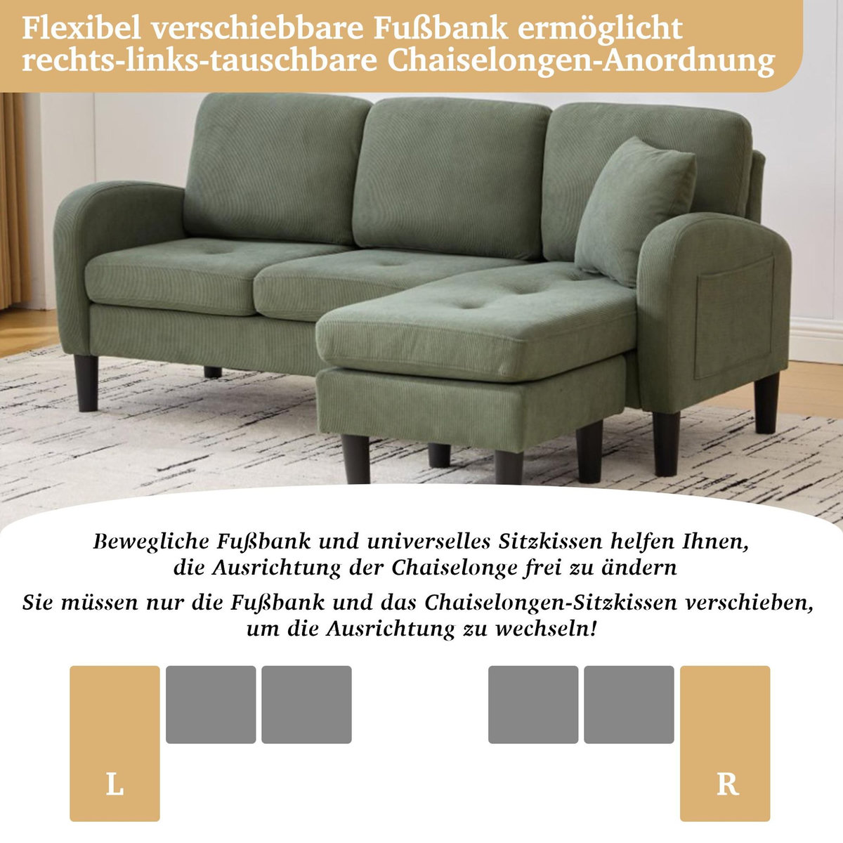 MERAX Canapé d'angle réversible fixe 3 places tissu