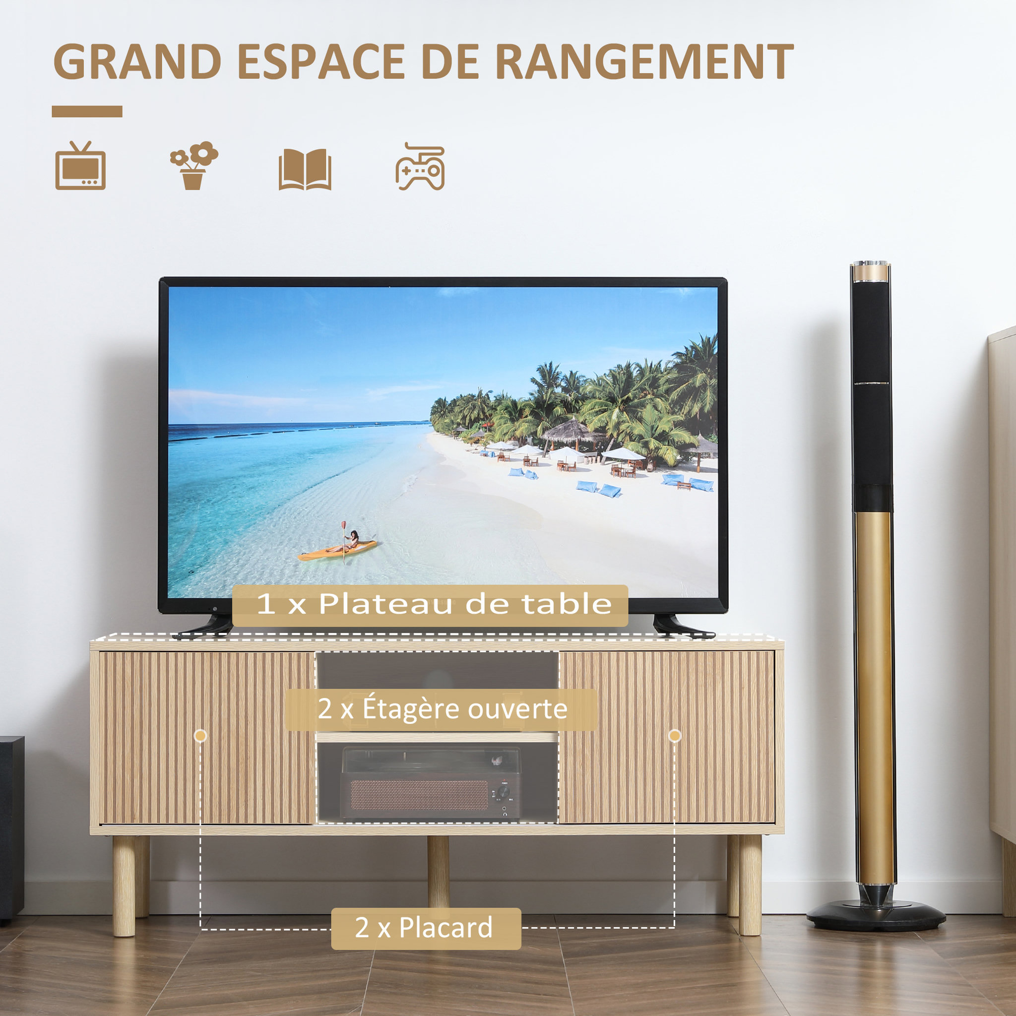 Voir la diapositive 4 : HOMCOM Meuble TV banc TV design Urban Craft - 2 portes coulissantes, 2 niches - piètement cylindrique - panneaux particules aspect bois clair