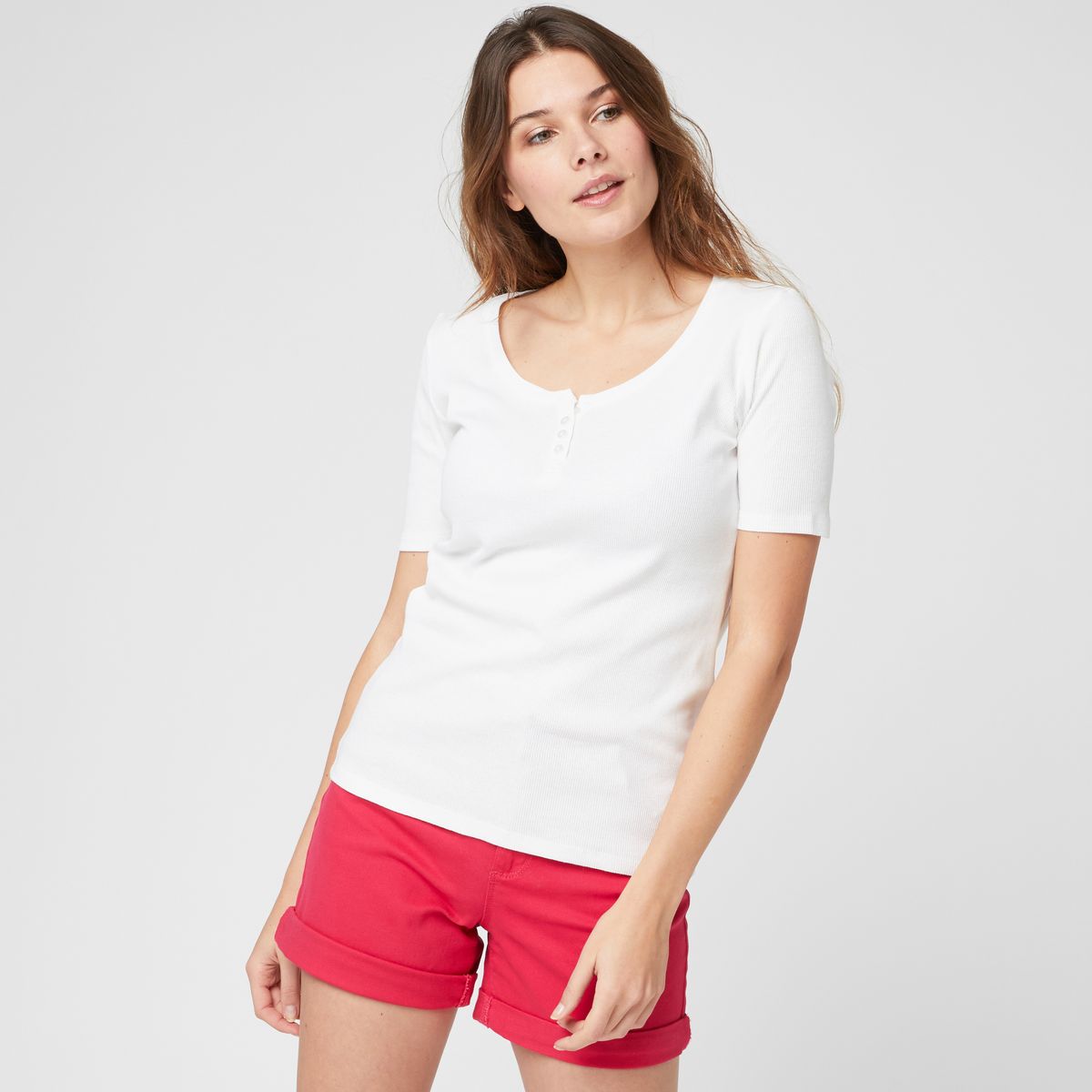INEXTENSO T-shirt manches courtes col tunisien blanc femme