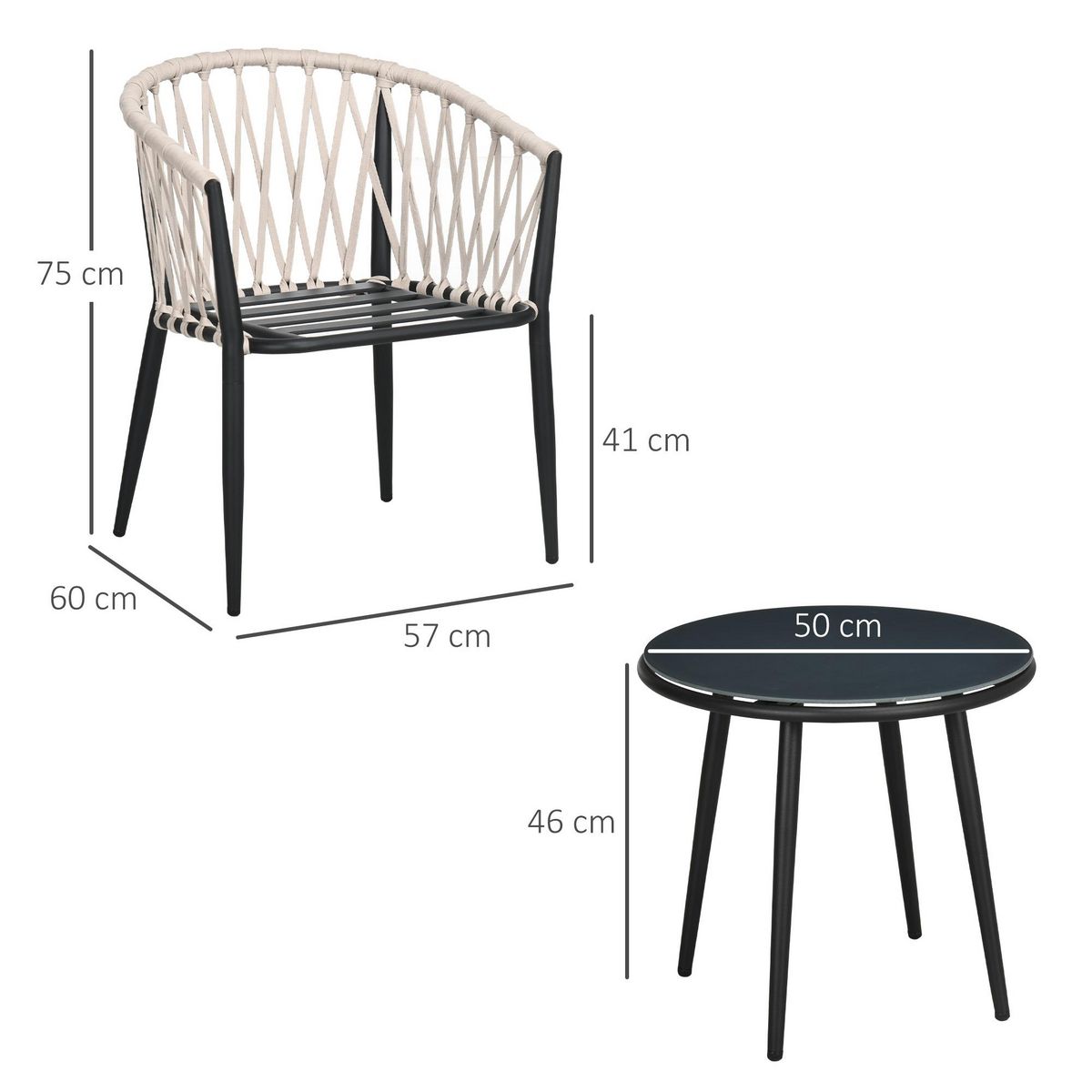 OUTSUNNY Salon de jardin 2 personnes 3 pièces 2 fauteuils avec coussins table basse ronde plateau verre trempé corde tressée métal gris