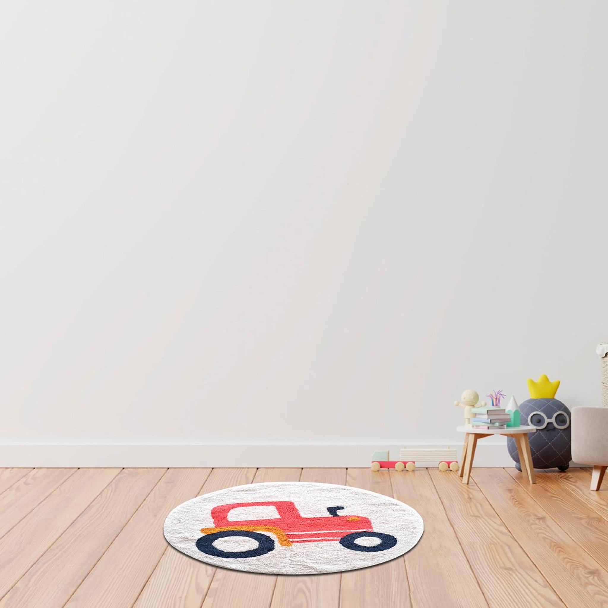 Voir la diapositive 2 : FUTURE HOME Tapis enfant tracteur rond en coton tufté 80x80cm