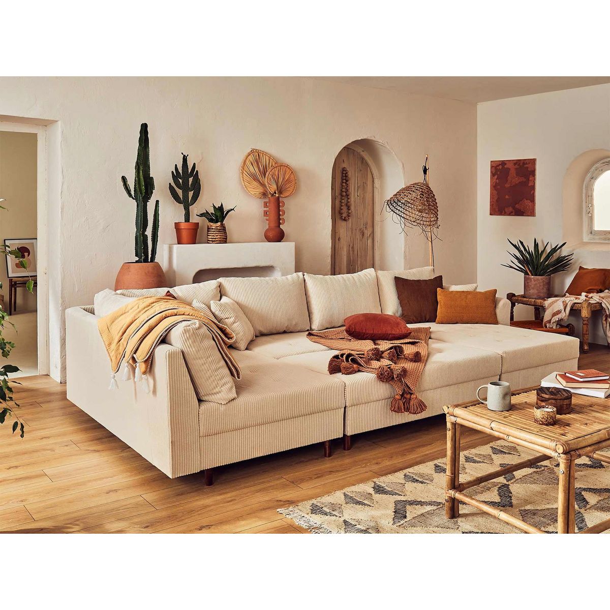 LISA DESIGN Rune - canapé panoramique d'angle gauche - 7 places - avec pouf d'appoint - en velours côtelé