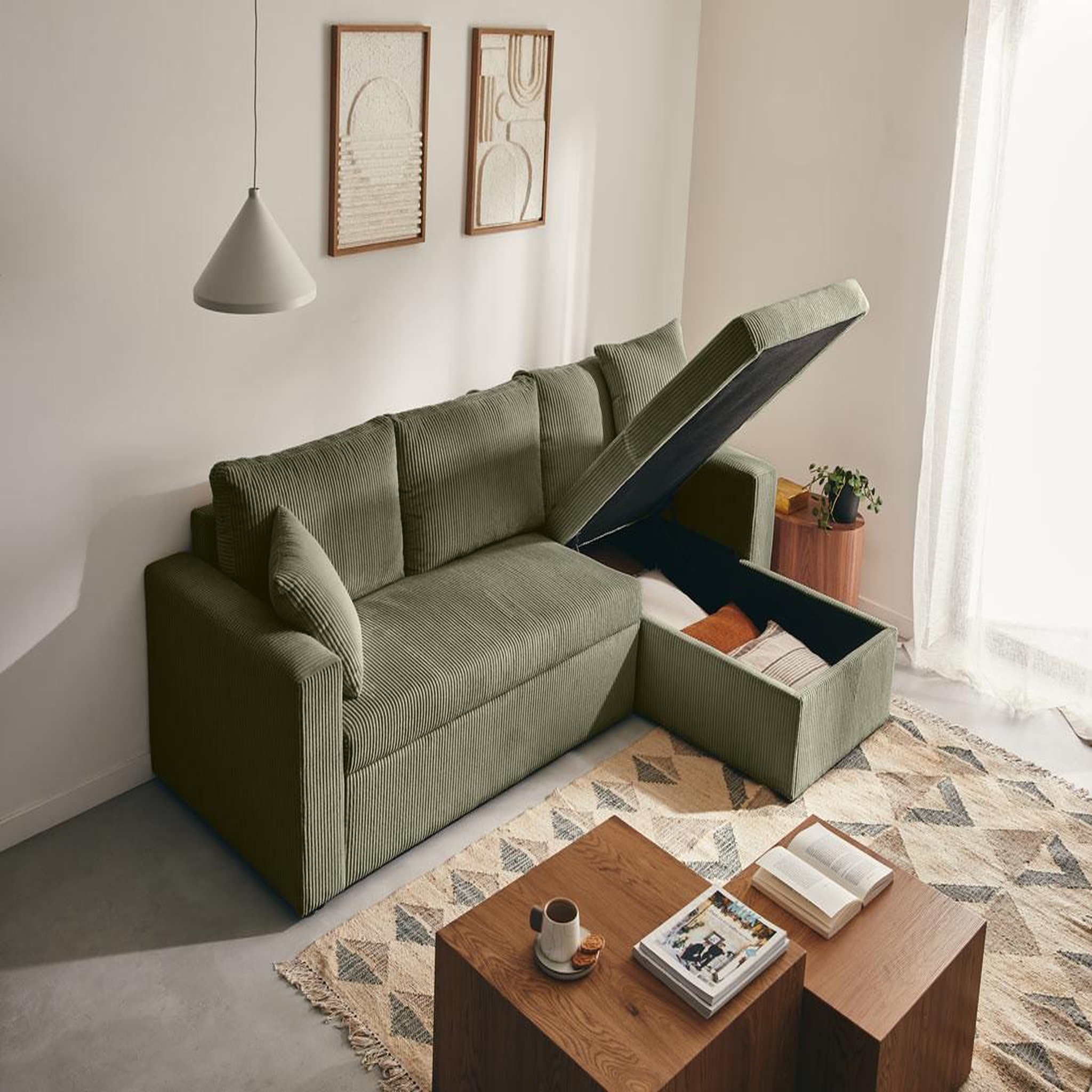 Voir la diapositive 2 : BEST MOBILIER Cyrus - canapé d'angle réversible 4 places - convertible avec coffre - en velours côtelé