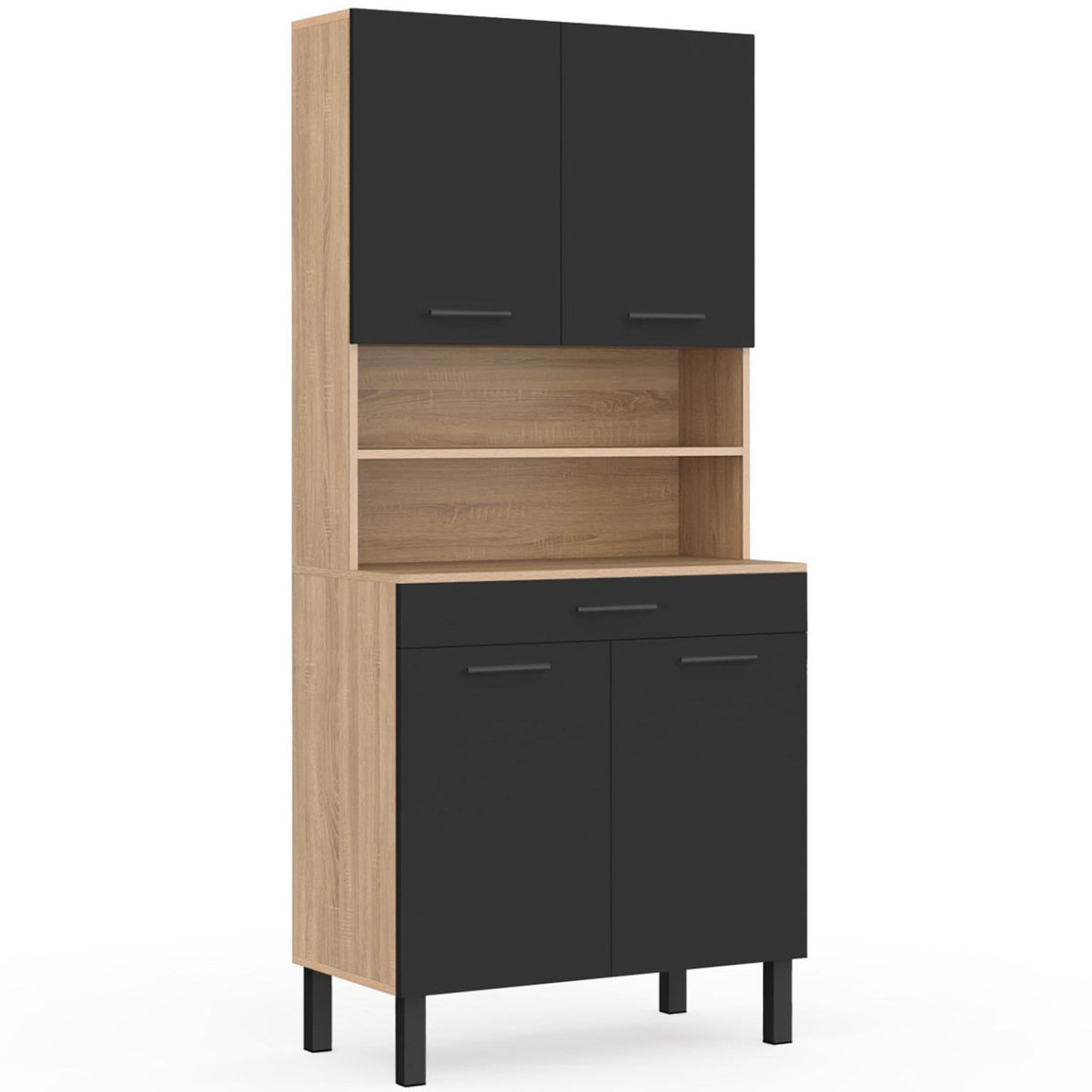 ID MARKET Buffet de cuisine 80 CM CINA 4 portes + tiroir façon hêtre et noir