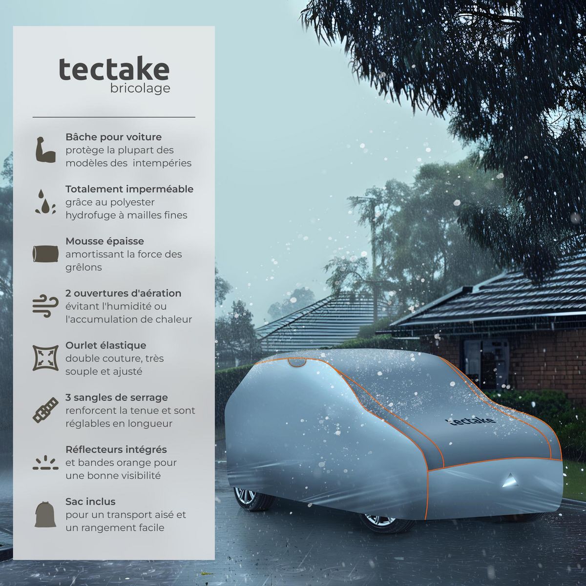 tectake Bâche de voiture imperméable et respirante avec couche en mousse de 4 mm gris SUV / VAN GRAND (571 x 203 x 120 cm)