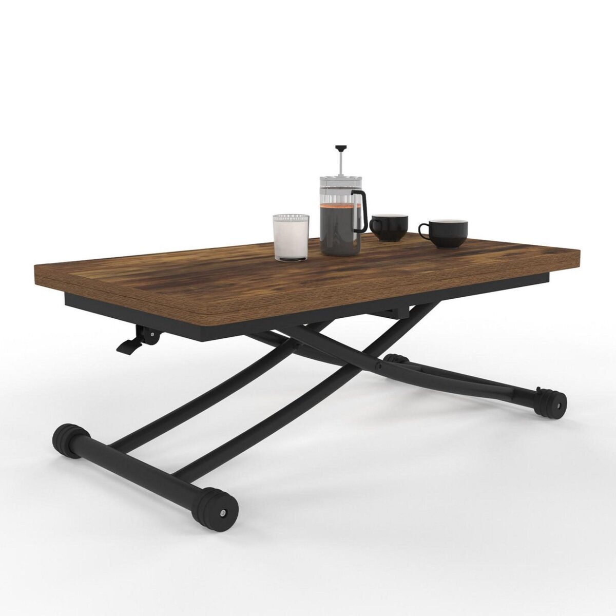 ID MARKET Table basse extensible relevable en table à manger URBANA plateau bois foncé effet vieilli pied noir design industriel