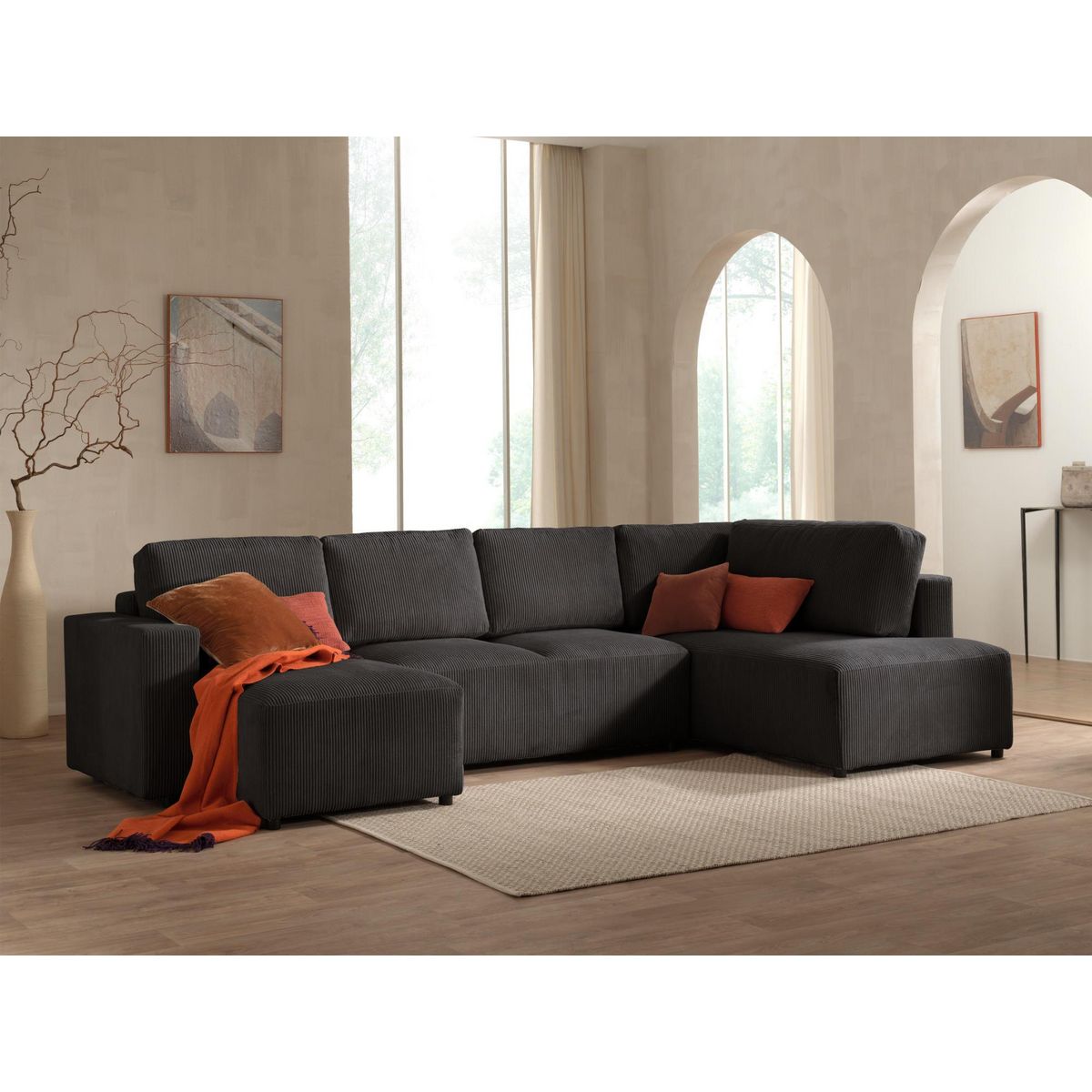 LISA DESIGN Livy - canapé panoramique convertible - avec coffre - en velours côtelé - 7 places - droit