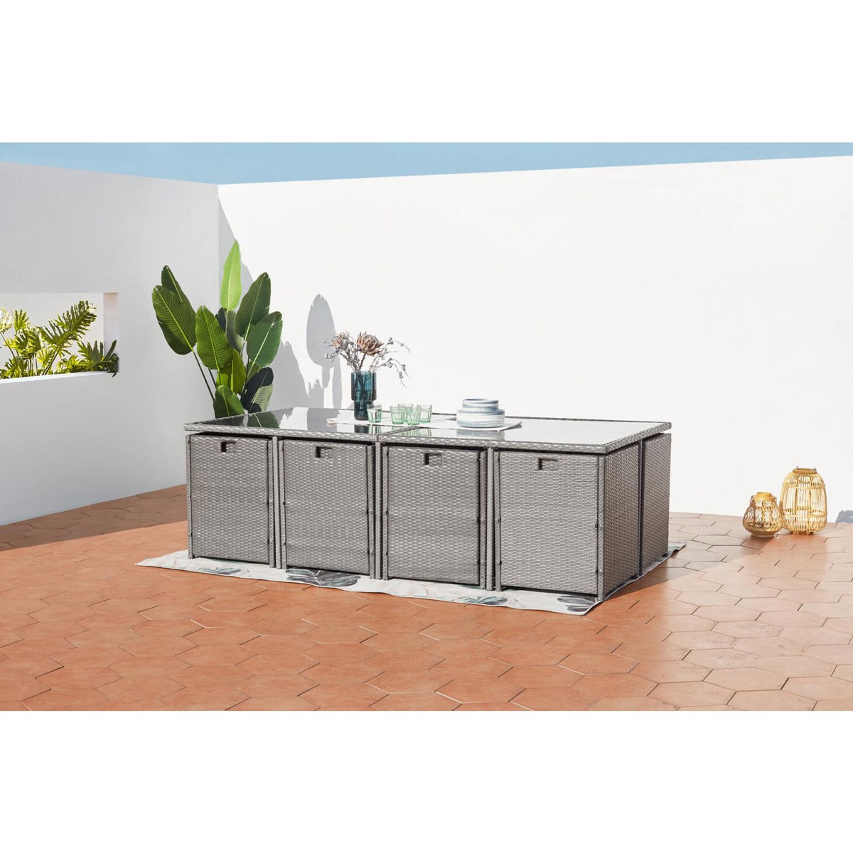 CONCEPT USINE Table et chaises 12 places encastrables résine gris-blanc MIAMI