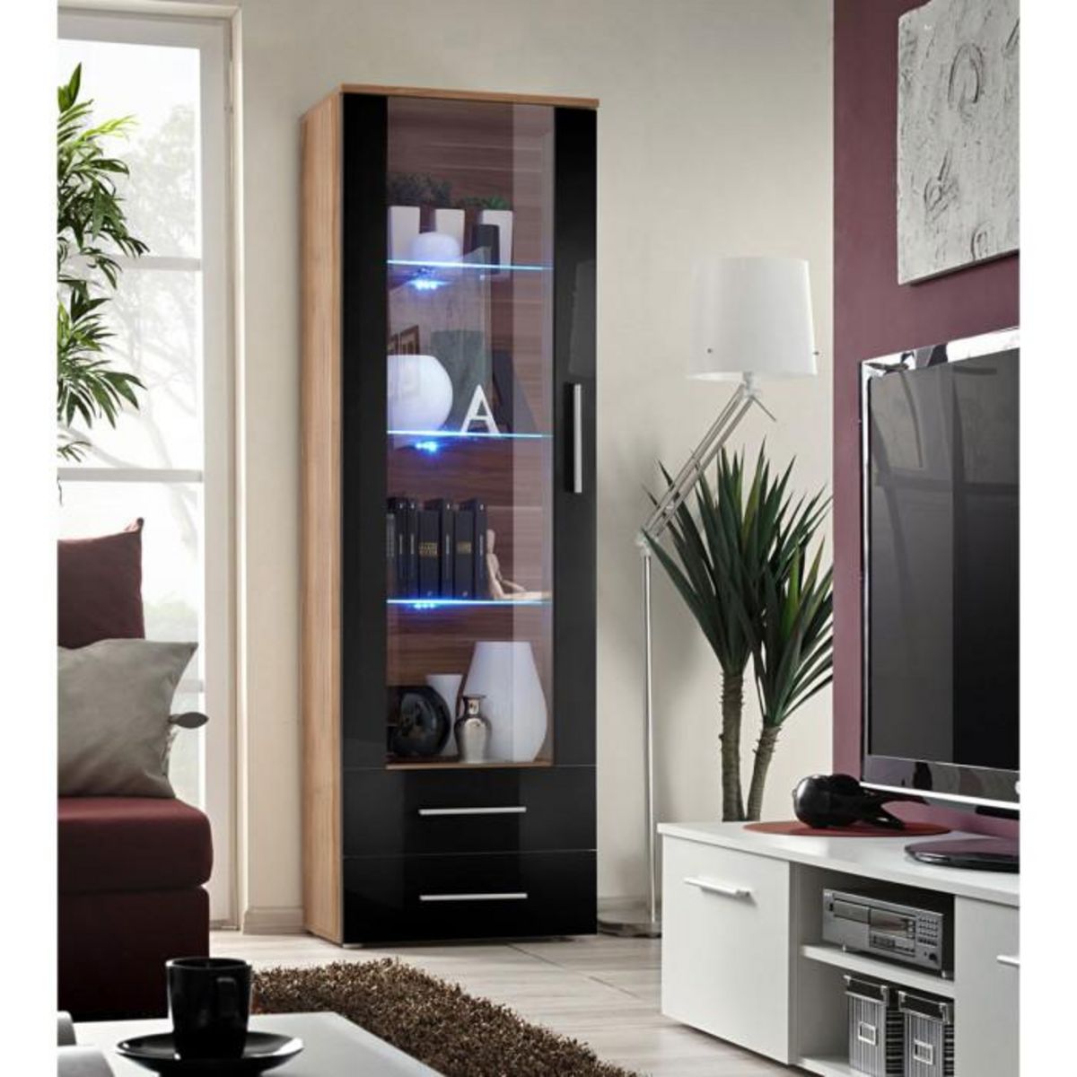 Paris Prix Vitrine LED Design  Neo  190cm Prunier & Noir Brillant