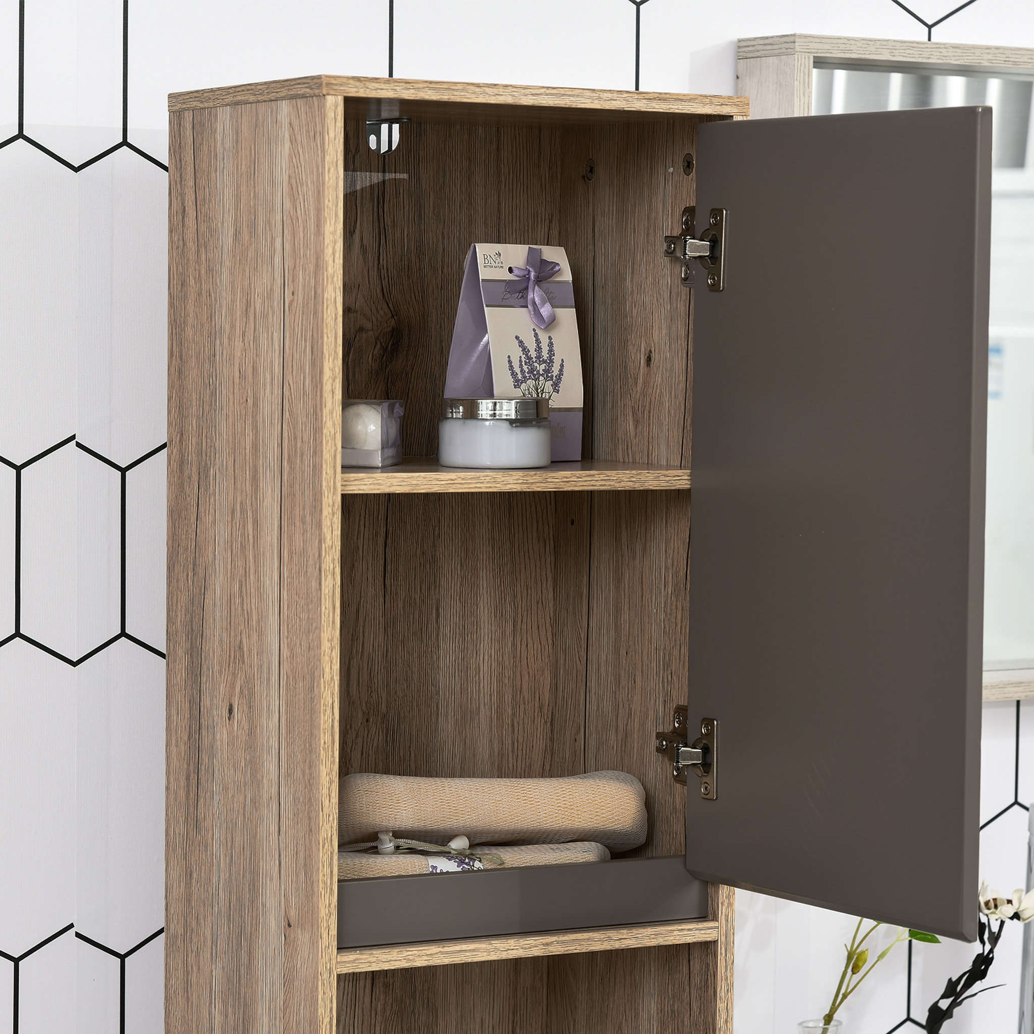 Voir la diapositive 5 : HOMCOM Meuble colonne rangement salle de bain style cosy dim. 30L x 24l x 170H cm 2 portes étagère 2 niches chêne clair gris