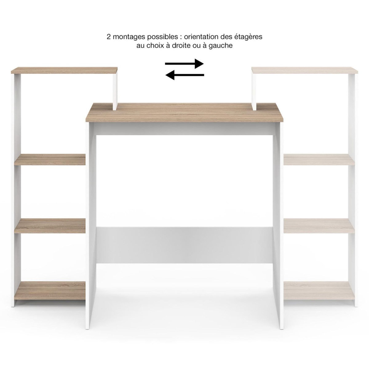ID MARKET Bureau avec étagères modulables latérales LILIAN bois façon hêtre et blanc