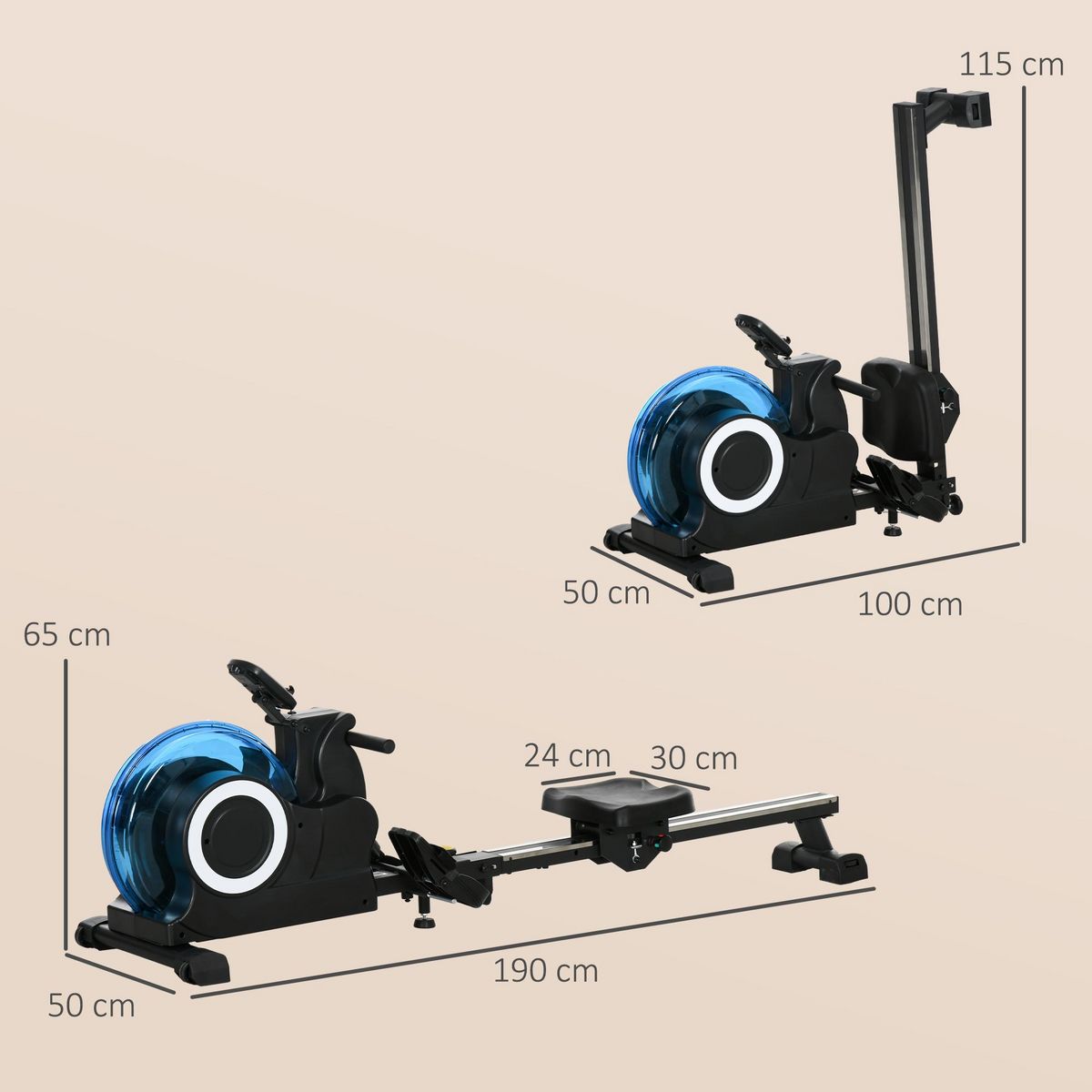 HOMCOM Rameur à eau pliable - rameur d'appartement résistance hydraulique 6 niv. - écran LCD multifonction support iPad - bleu noir