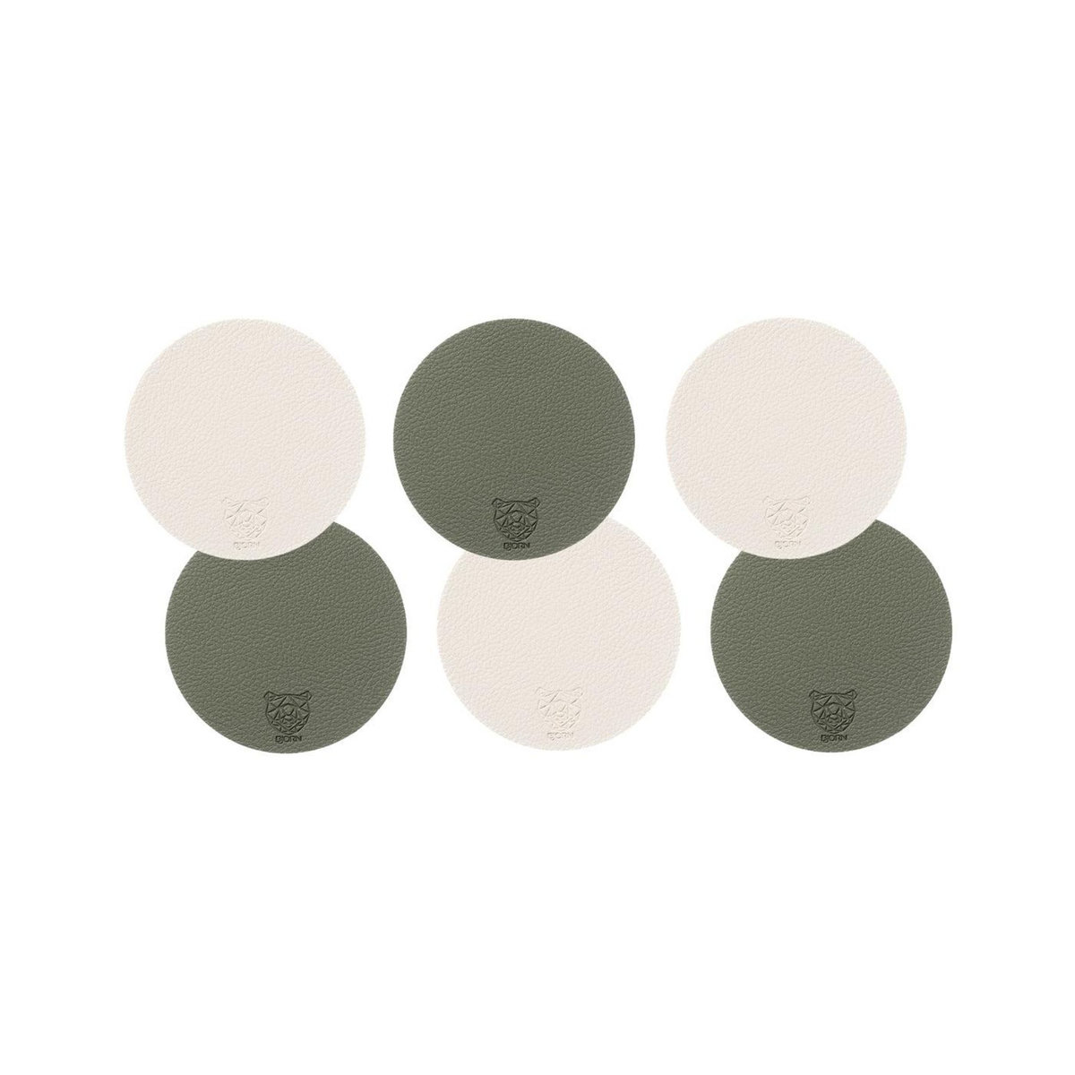 BJORN Sous-verre rond réversible - 6 pièces - Cuir recyclé blanc crème et vert de gris