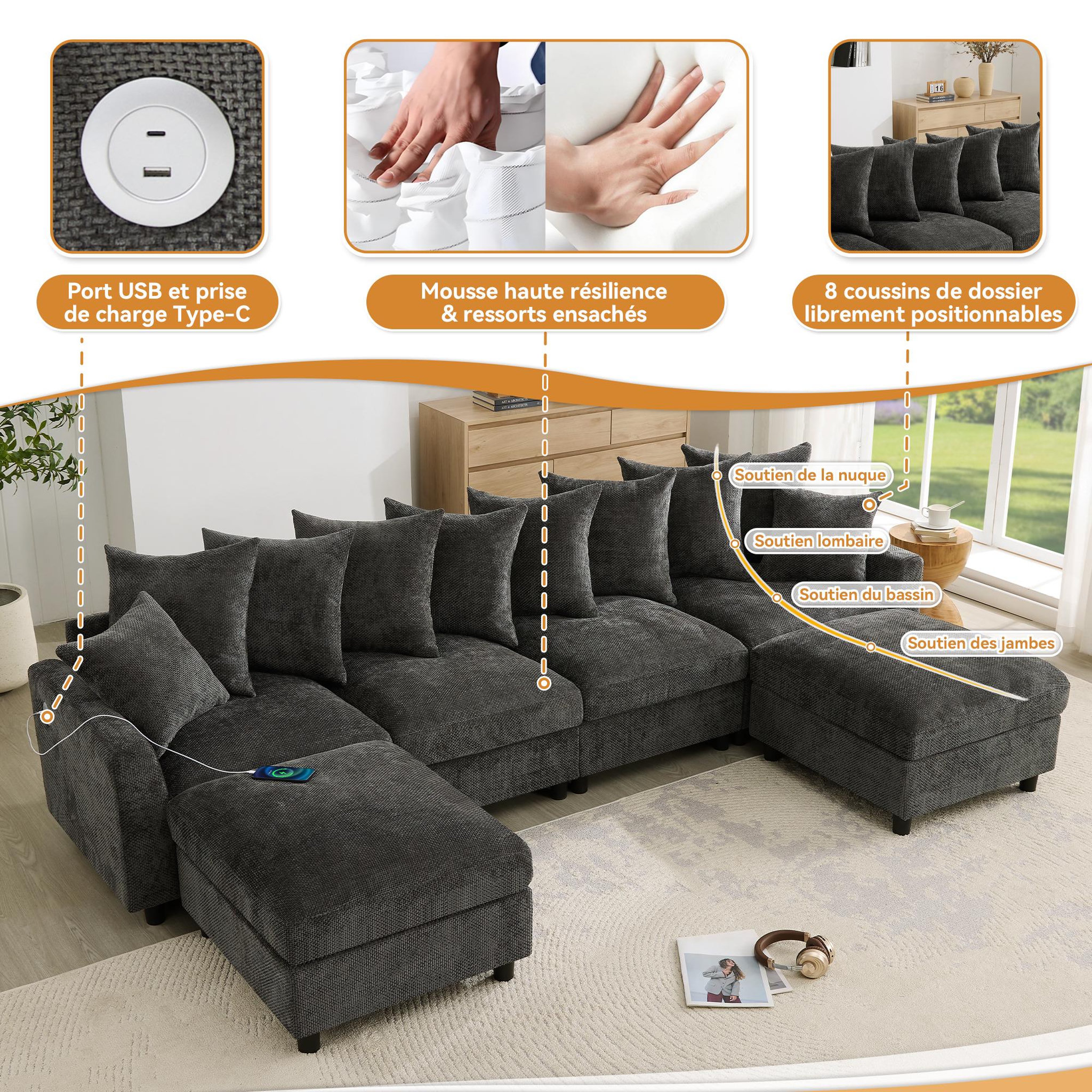 Voir la diapositive 5 : MERAX Canapé d'angle modulable 6 places u/l avec 2 poufs usb type-c tissu chenille
