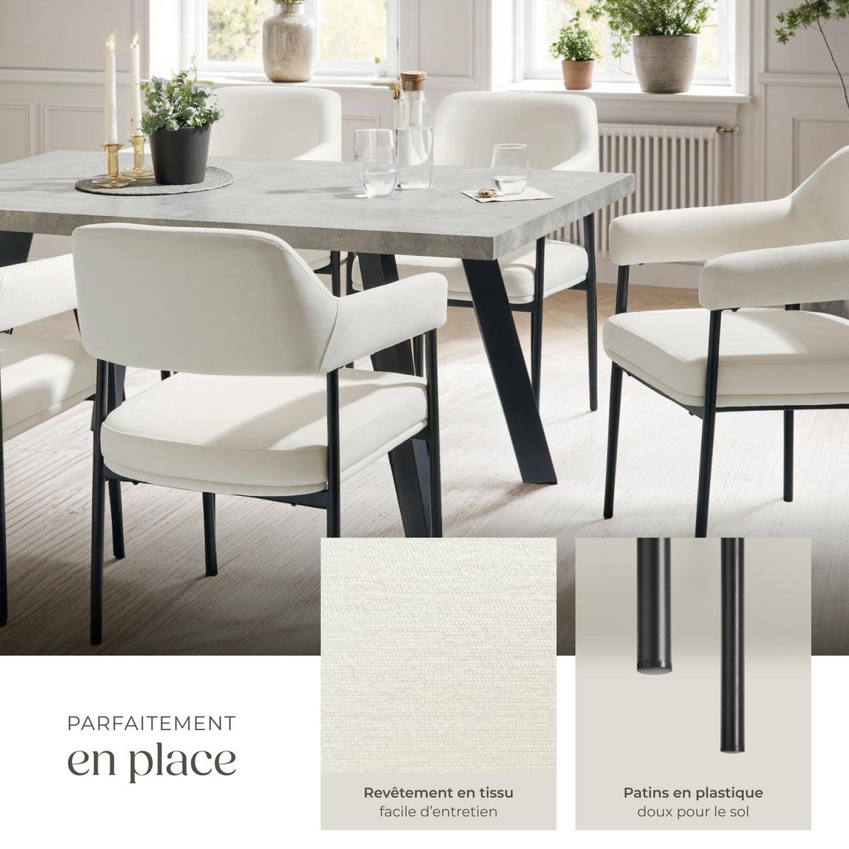 tectake Fauteuil rembourré Tissu blanc cassé/noir Lot de 4