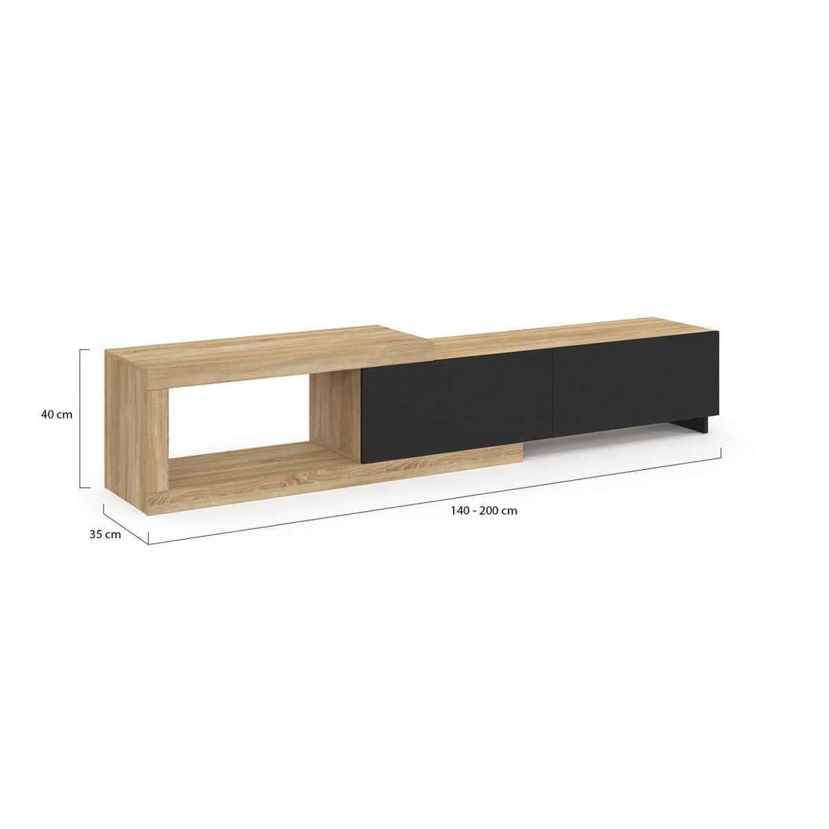 ID MARKET Meuble TV extensible 140-200 cm RAPHAEL 2 portes bois et noir