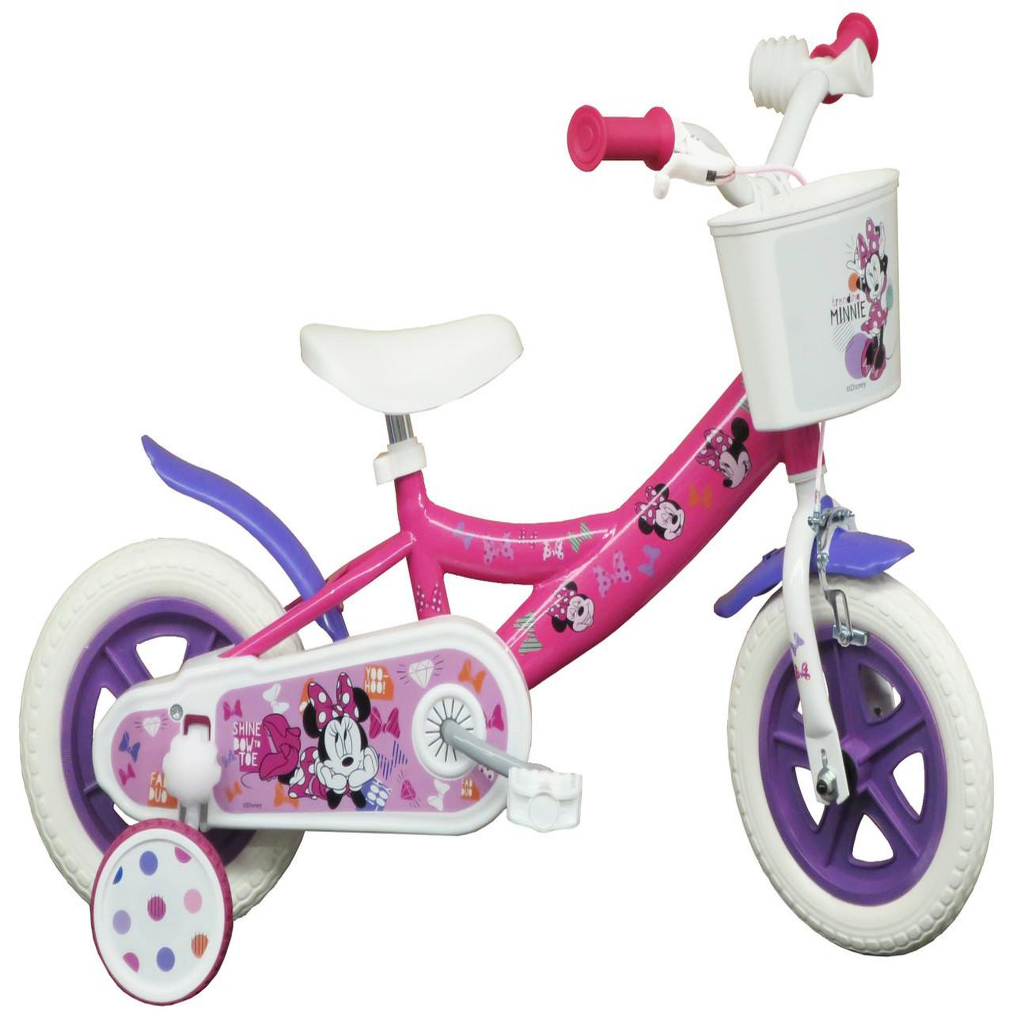 Voir la diapositive 1 : Disney Minnie Vélo enfant - Modèle 10'' Minnie de Disney pour enfant de 75/90 cm avec stabilisateurs - Panier avant - 1 frein et roues batons