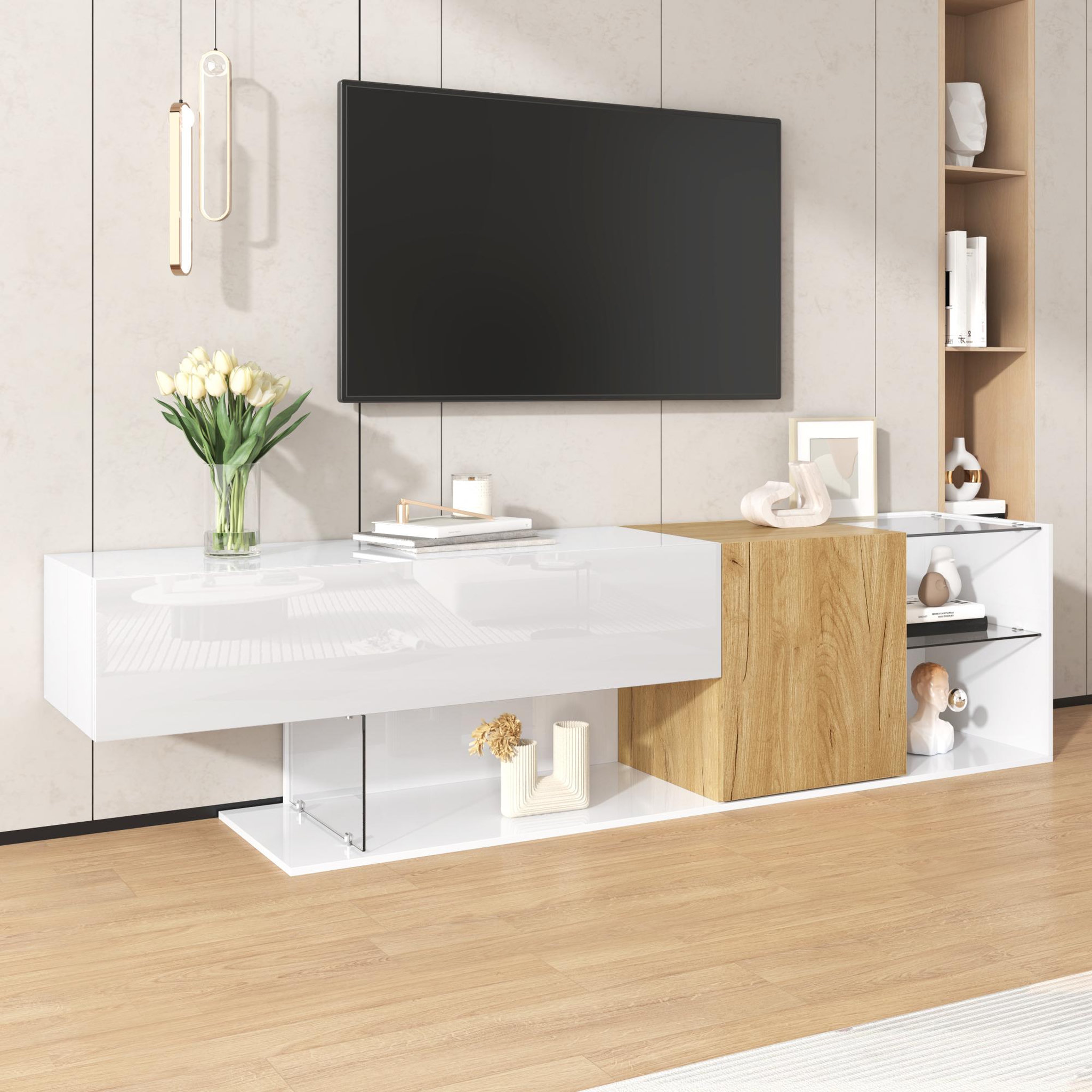 Voir la diapositive 4 : MERAX Meuble tv blanc+naturel 180 cm panneau de particules