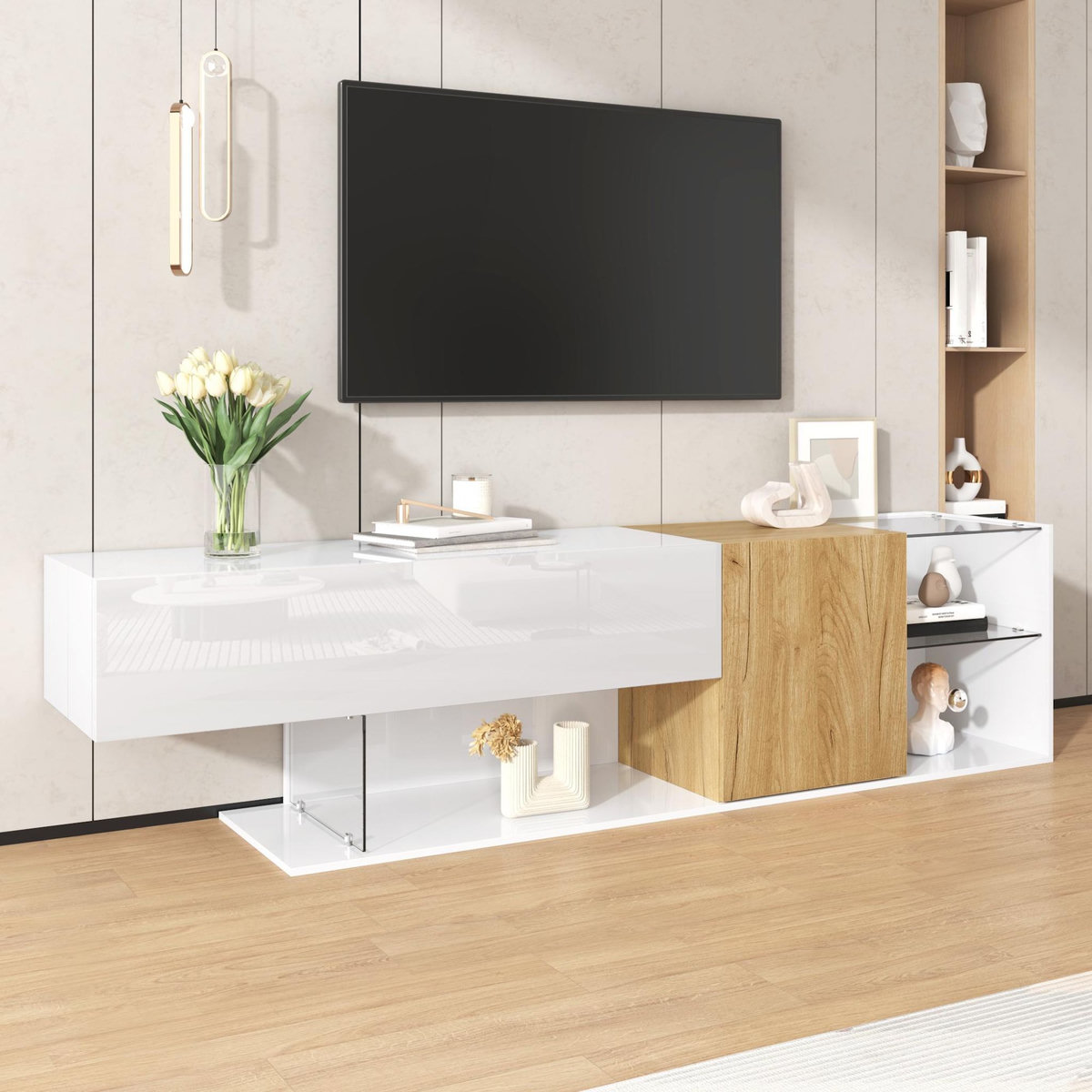 MERAX Meuble tv blanc+naturel 180 cm panneau de particules