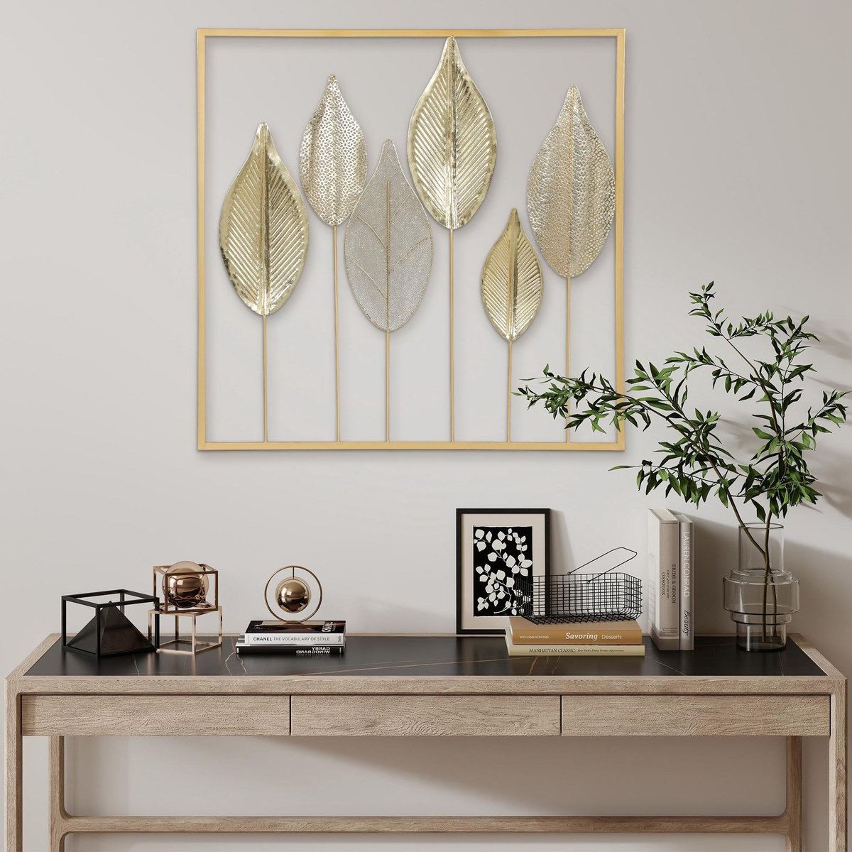 HOMCOM Décoration murale métal doré - Déco murale feuilles - 70 x 70 cm