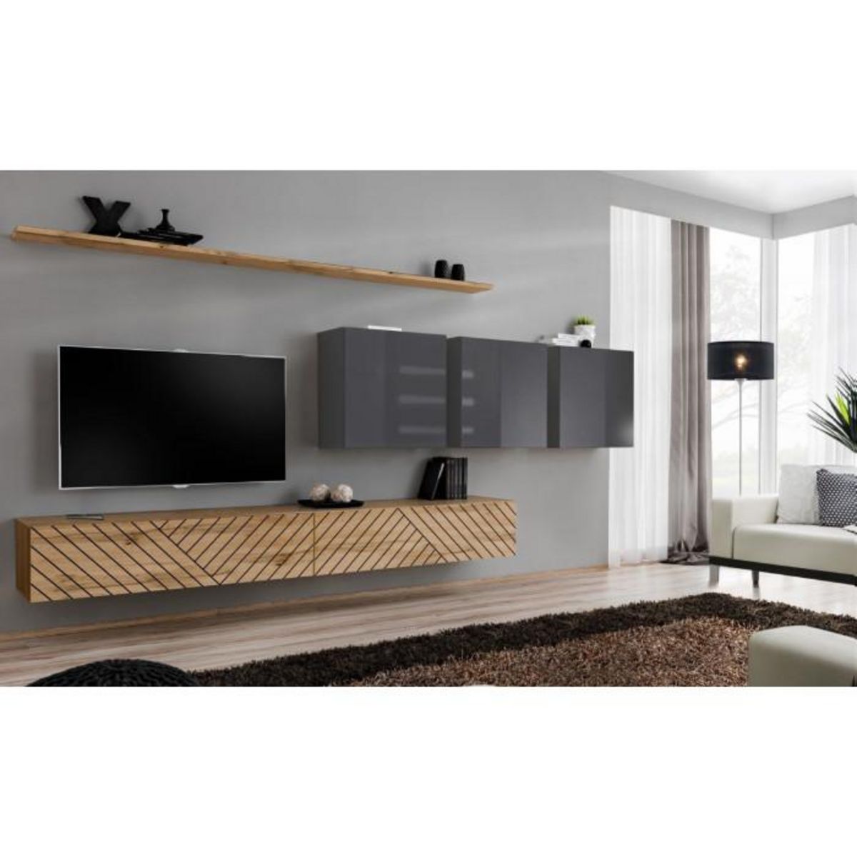 Paris Prix Ensemble Meuble TV  Switch Lamel VII  340cm Naturel & Gris