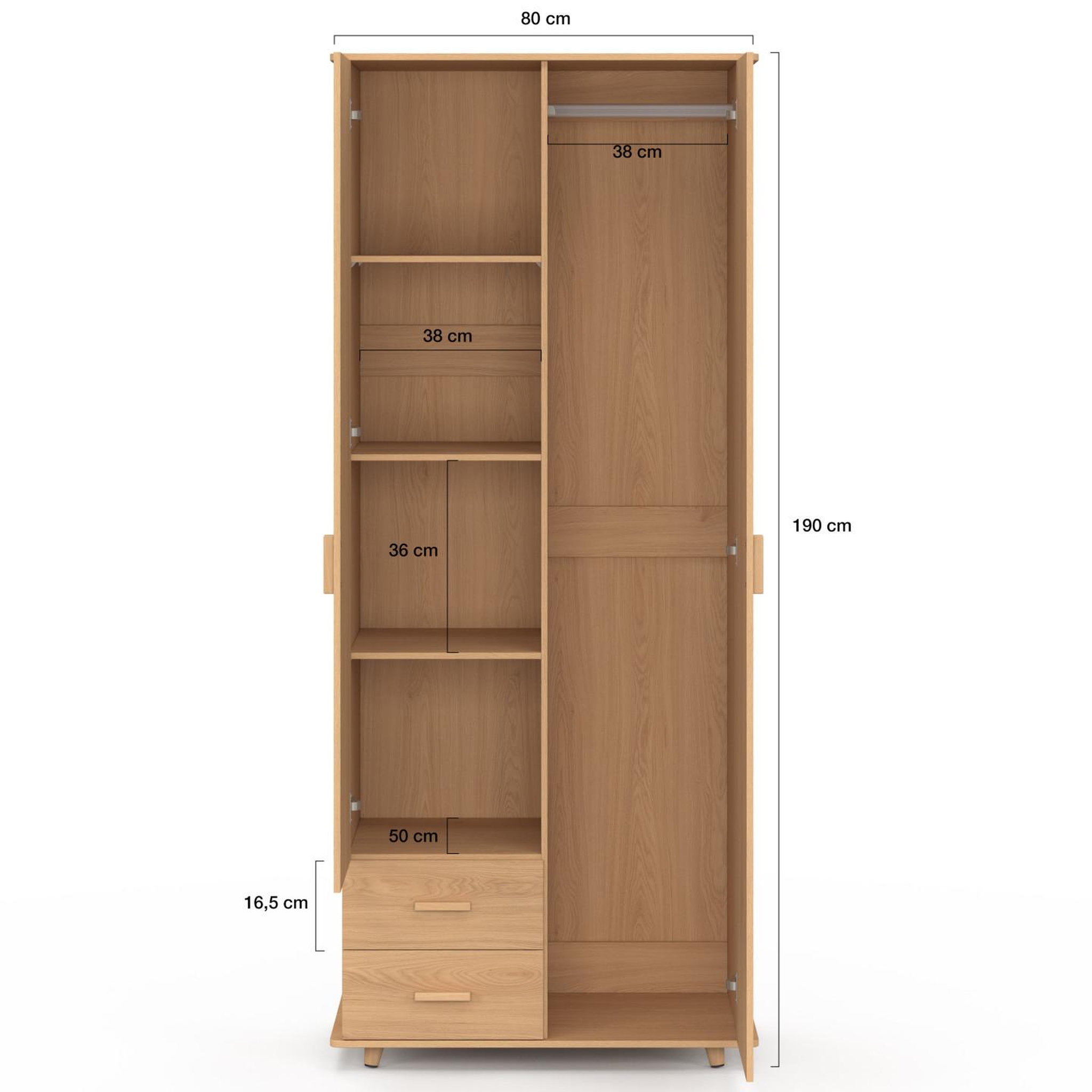 Voir la diapositive 4 : ID MARKET Armoire 2 portes juliette effet lattes tasseau bois penderie 80 cm avec 2 tiroirs, miroir et étagères