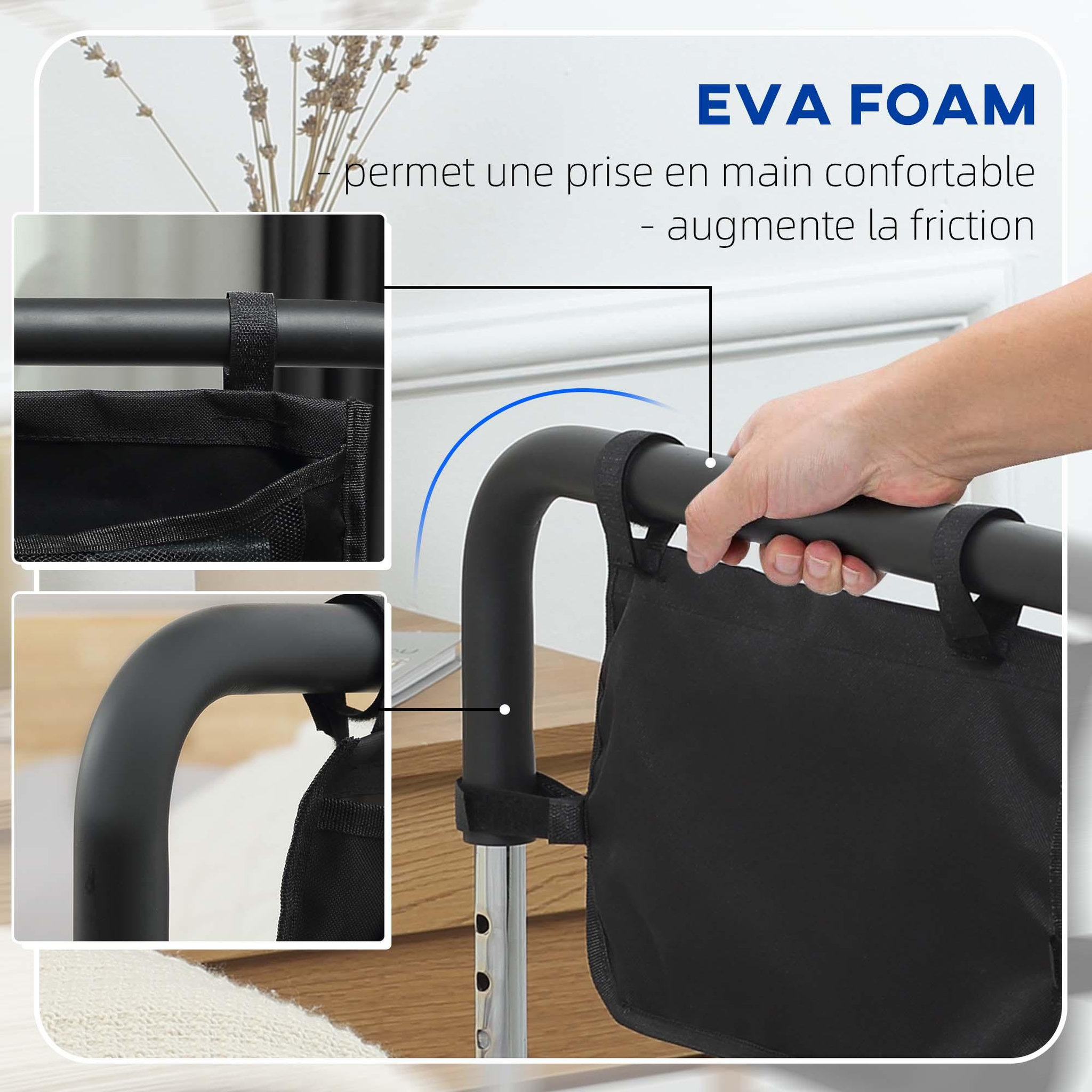 Voir la diapositive 5 : HOMCOM Barre de redressement de lit réglable en hauteur - poignée d'appui pour le lit - barre d'appui de lit avec rangement - acier noir