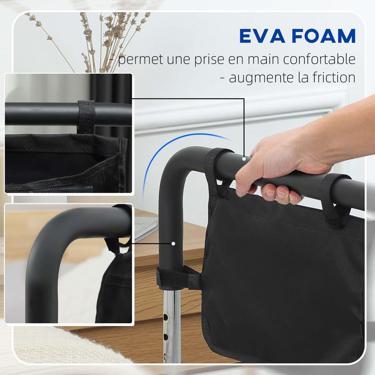 HOMCOM Barre de redressement de lit réglable en hauteur - poignée d'appui pour le lit - barre d'appui de lit avec rangement - acier noir