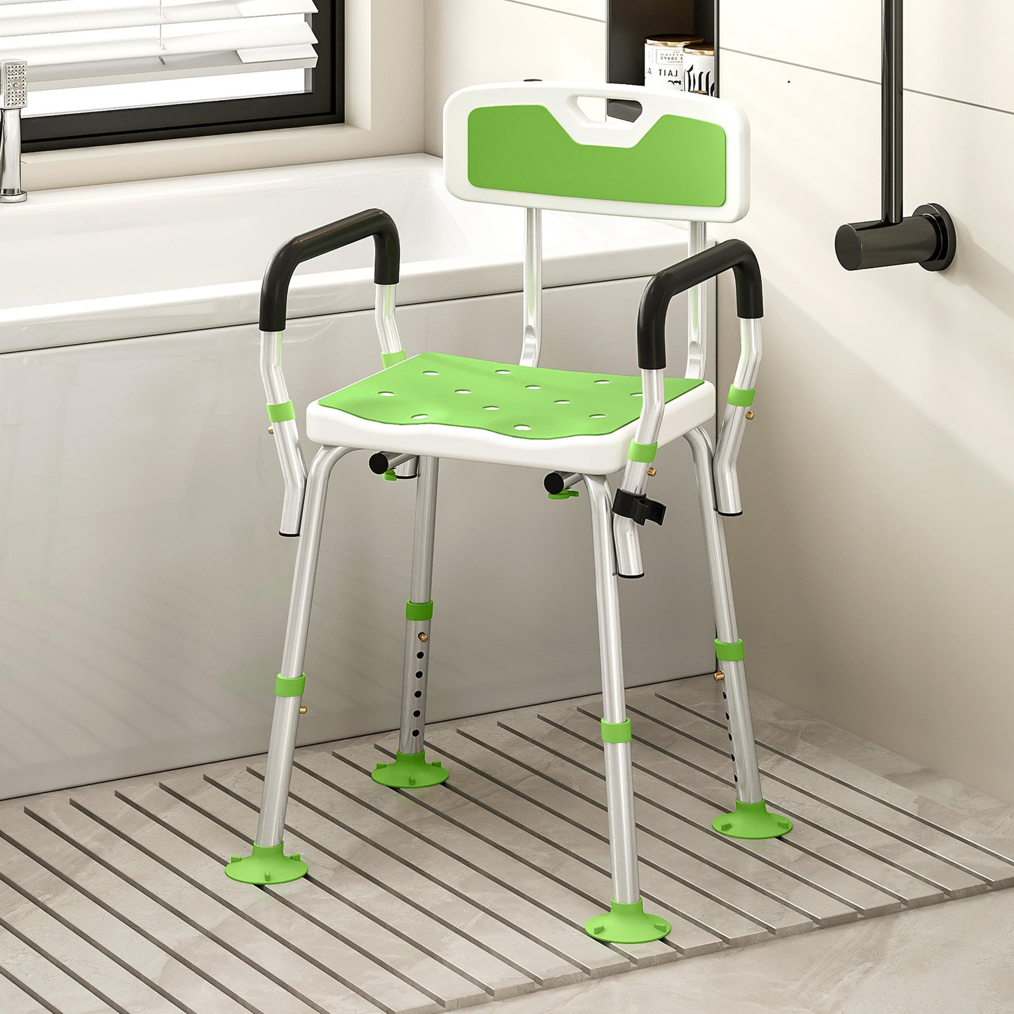 Voir la diapositive 6 : HOMCOM Chaise de douche siège de douche ergonomique hauteur réglable pieds antidérapants charge max. 136 kg alu hdpe blanc vert