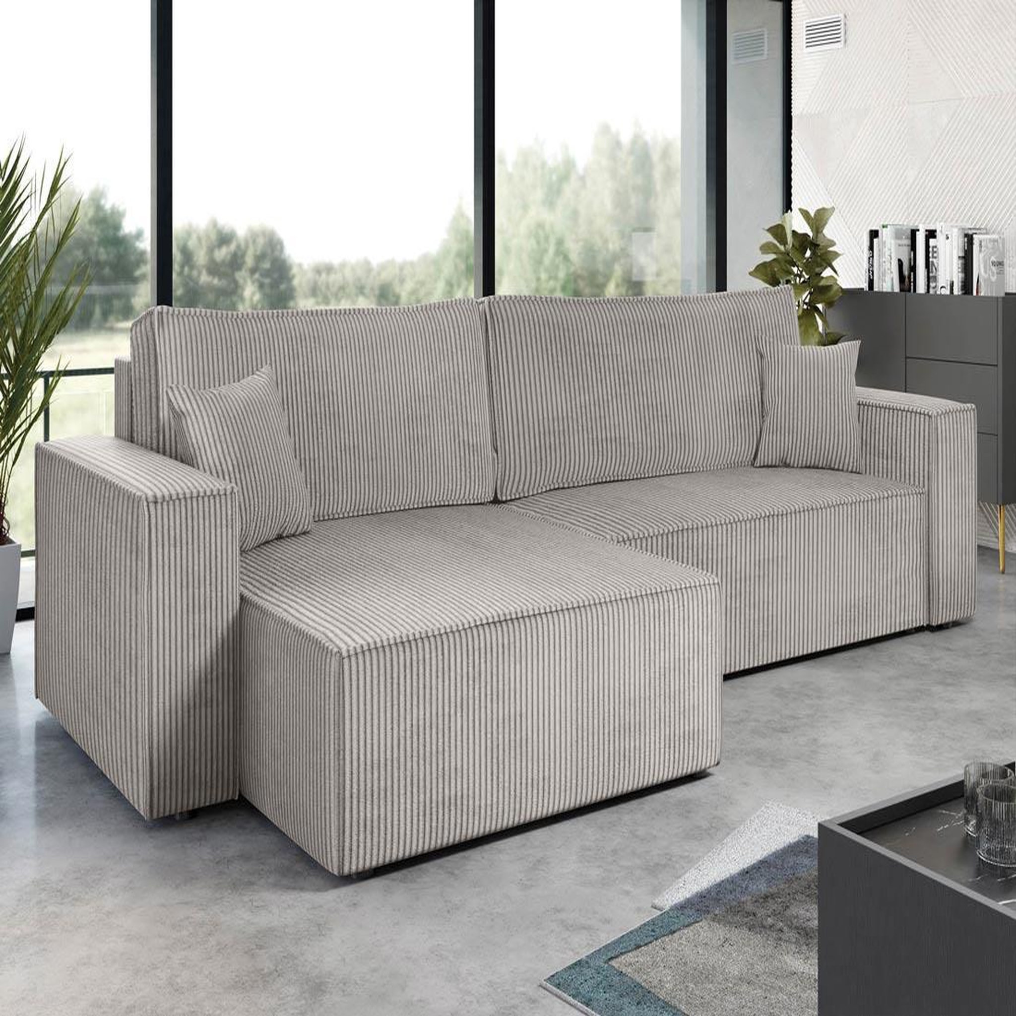 Voir la diapositive 1 : BEST MOBILIER Cezanne - canapé d'angle réversible 5 places convertible avec coffre en velours côtelé