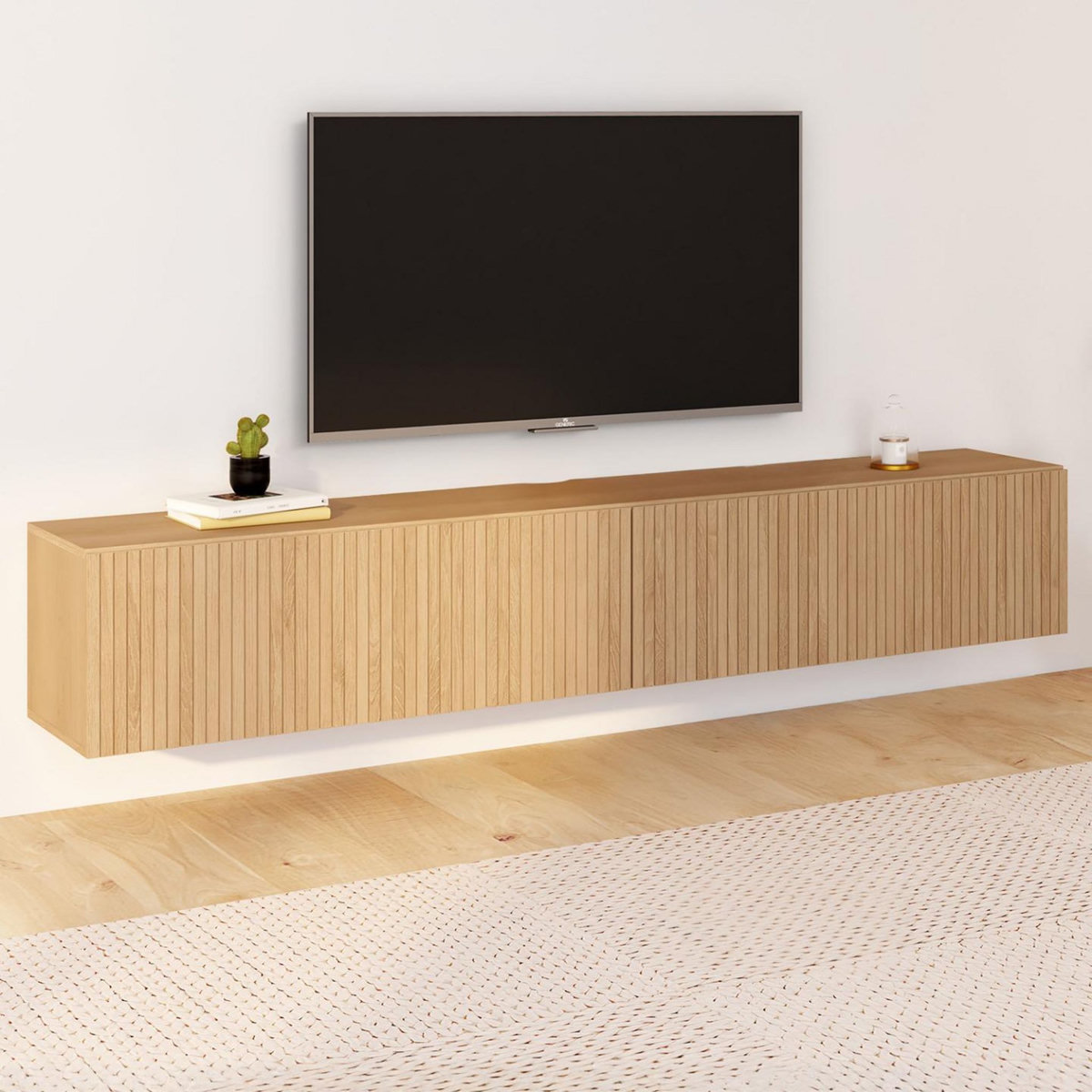 ID MARKET Meuble TV 180 cm suspendu JULIETTE lattes tasseau bois coloris chêne