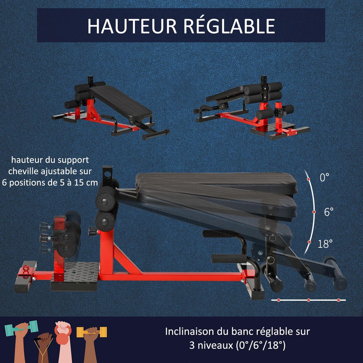 HOMCOM Banc à squat pliable sissy squat machine à squat - appareil de musculation 3 en 1 - hauteur réglable 6 positions - acier synthétique rouge noir